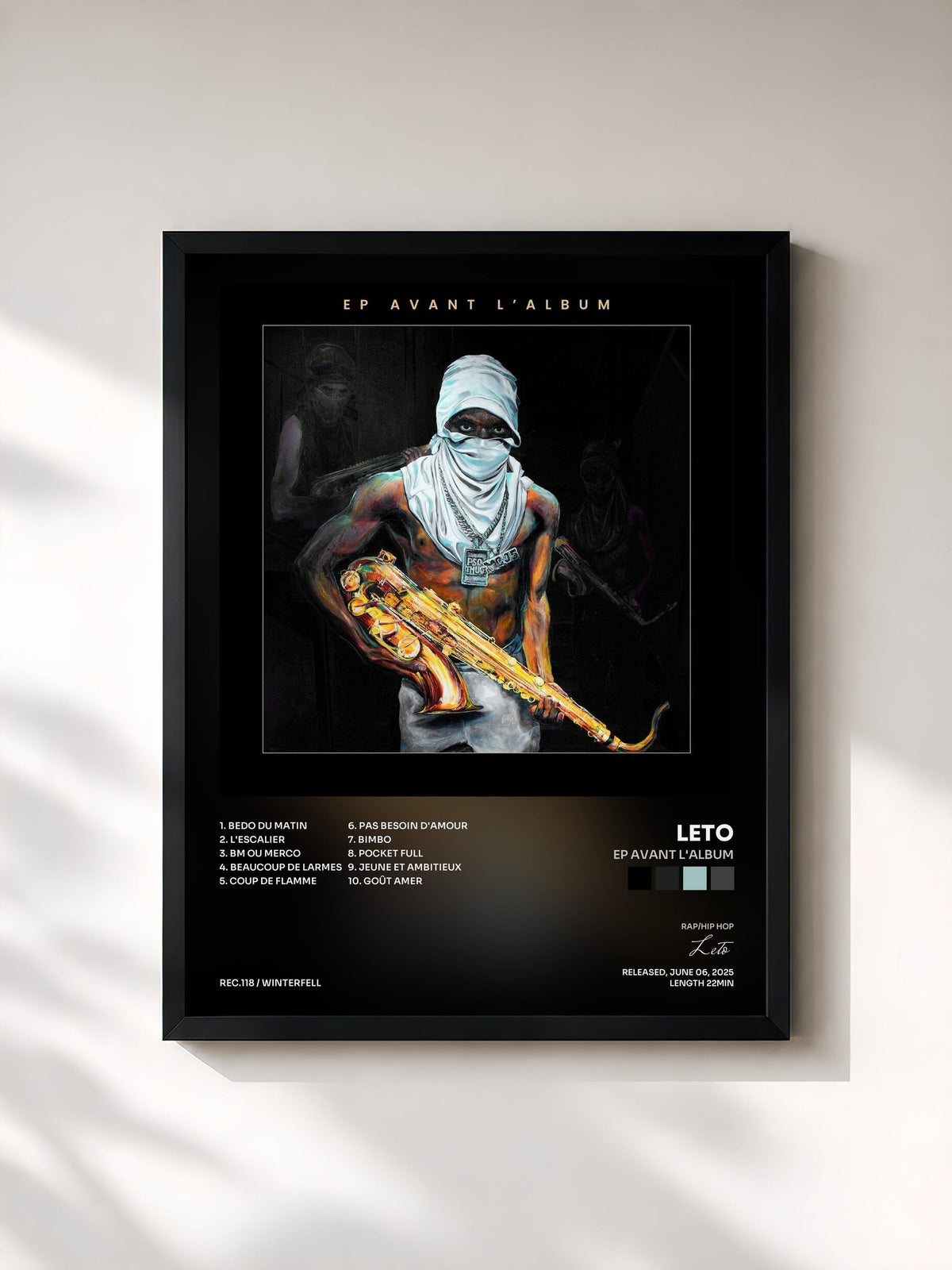 #noir Tableau de l'album EP AVANT L'ALBUM de Leto, cadre noir, imprimé et encadré en France