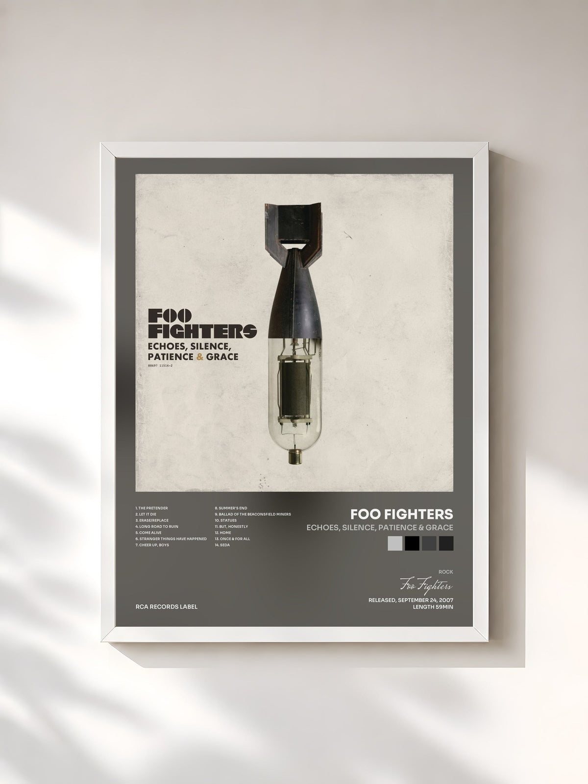 #blanc Tableau de l'album Echoes, Silence, Patience & Grace de Foo Fighters, cadre blanc, imprimé et encadré en France