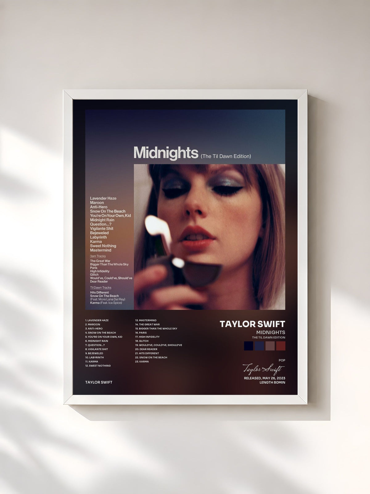 #blanc Tableau de l'album Midnights (The Til Dawn Edition) de Taylor Swift, cadre blanc, imprimé et encadré en France