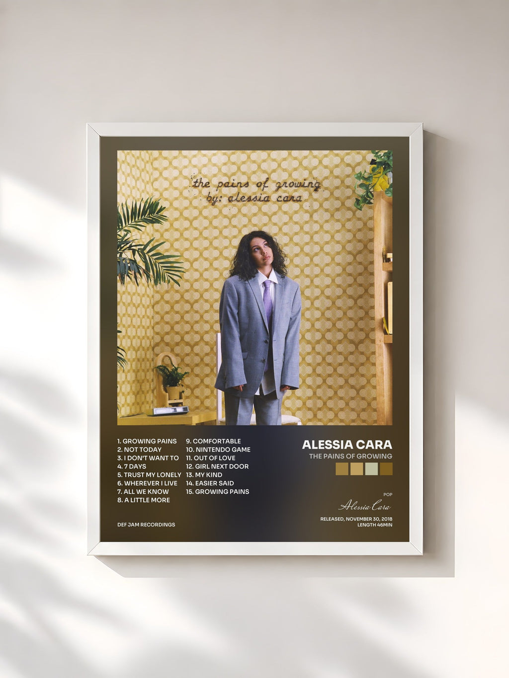 #blanc Tableau de l'album The Pains Of Growing de Alessia Cara, cadre blanc, imprimé et encadré en France