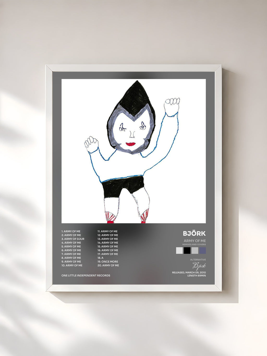 #blanc Tableau de l'album Army Of Me (Remixes And Covers) de Björk, cadre blanc, imprimé et encadré en France