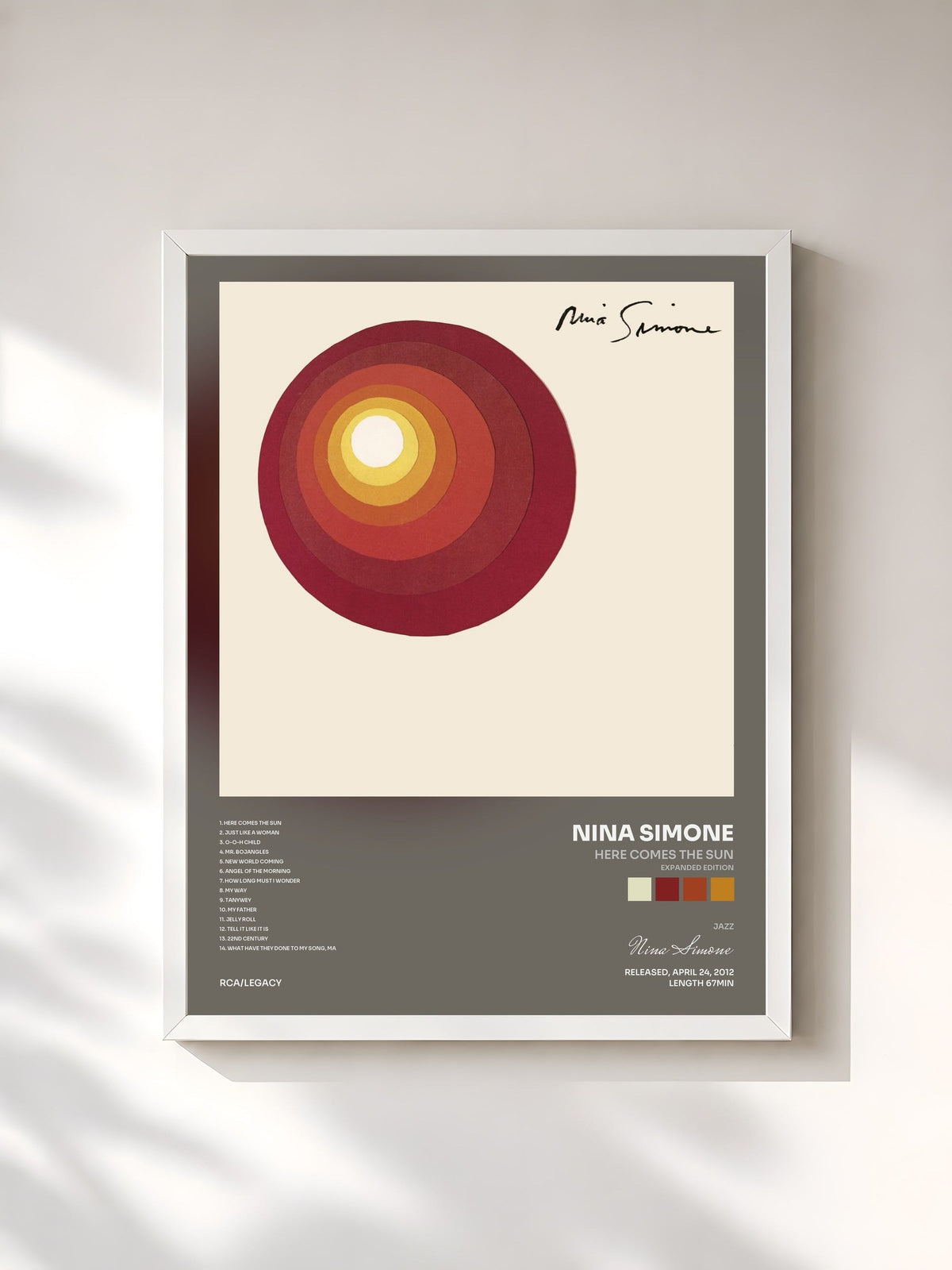 #blanc Tableau de l'album Here Comes The Sun (Expanded Edition) de Nina Simone, cadre blanc, imprimé et encadré en France