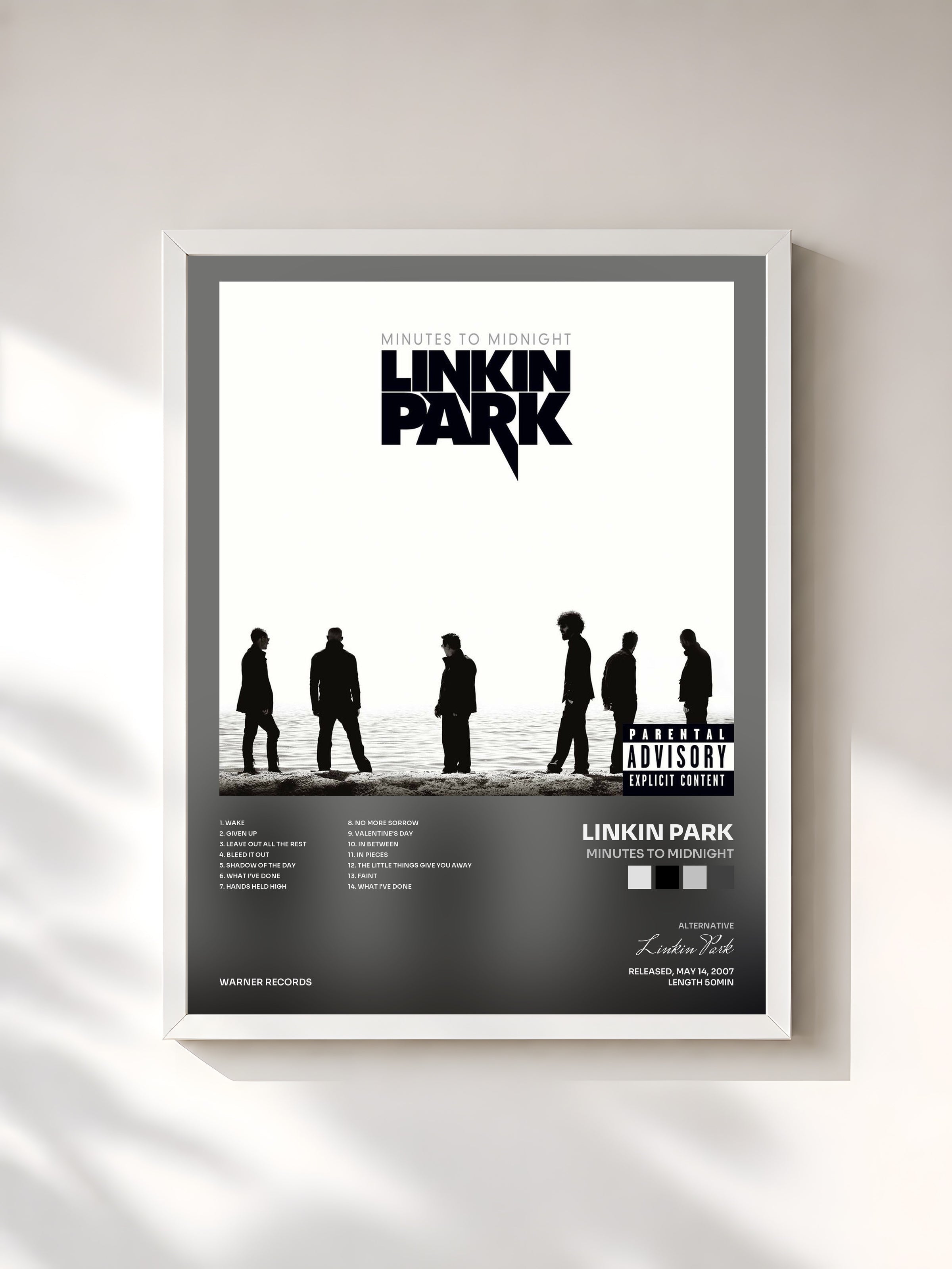 #blanc Minutes to Midnight by Linkin Park as a framed art print, white frame, printed and framed in France