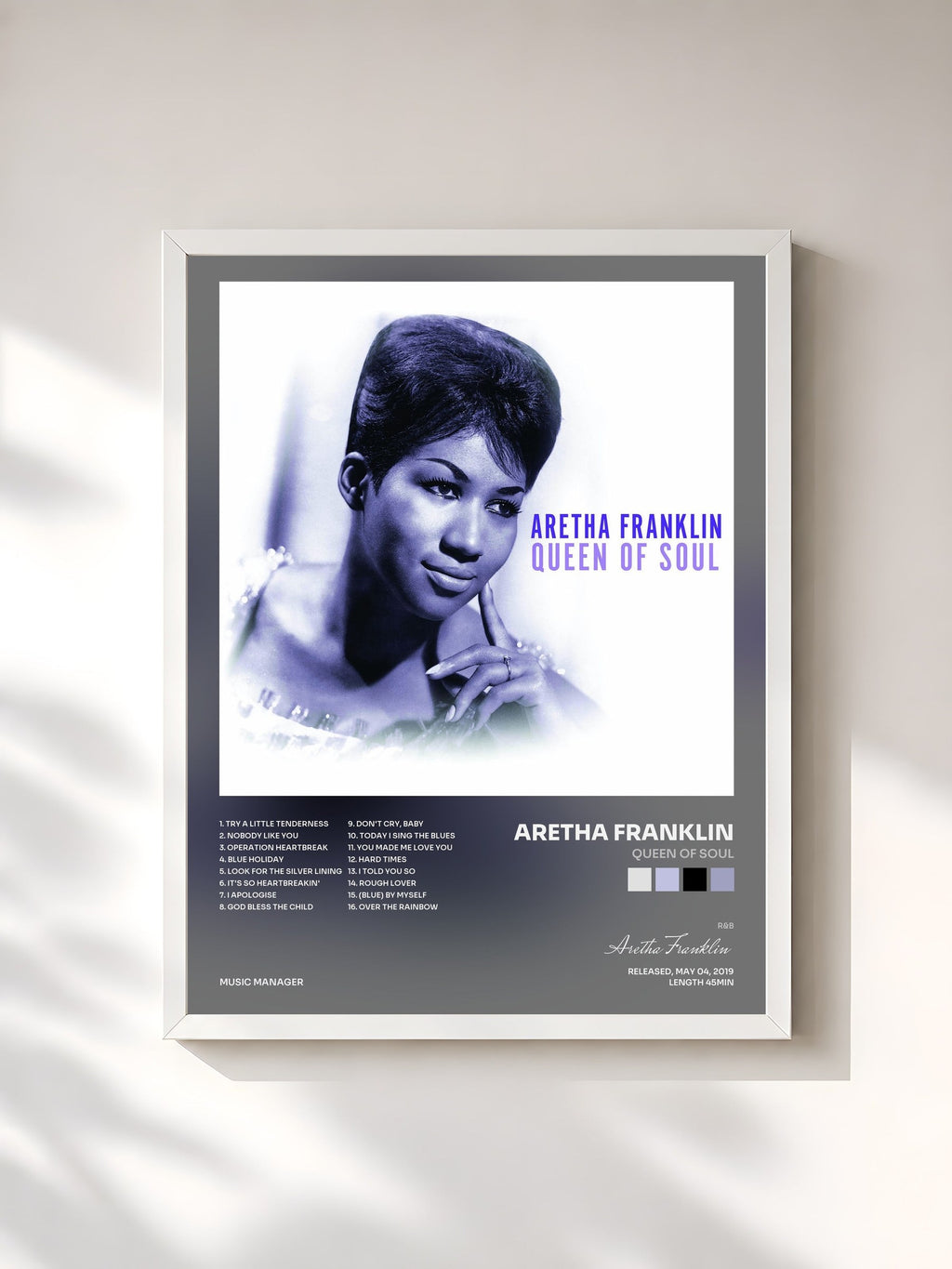 #blanc Tableau de l'album Queen of Soul de Aretha Franklin, cadre blanc, imprimé et encadré en France