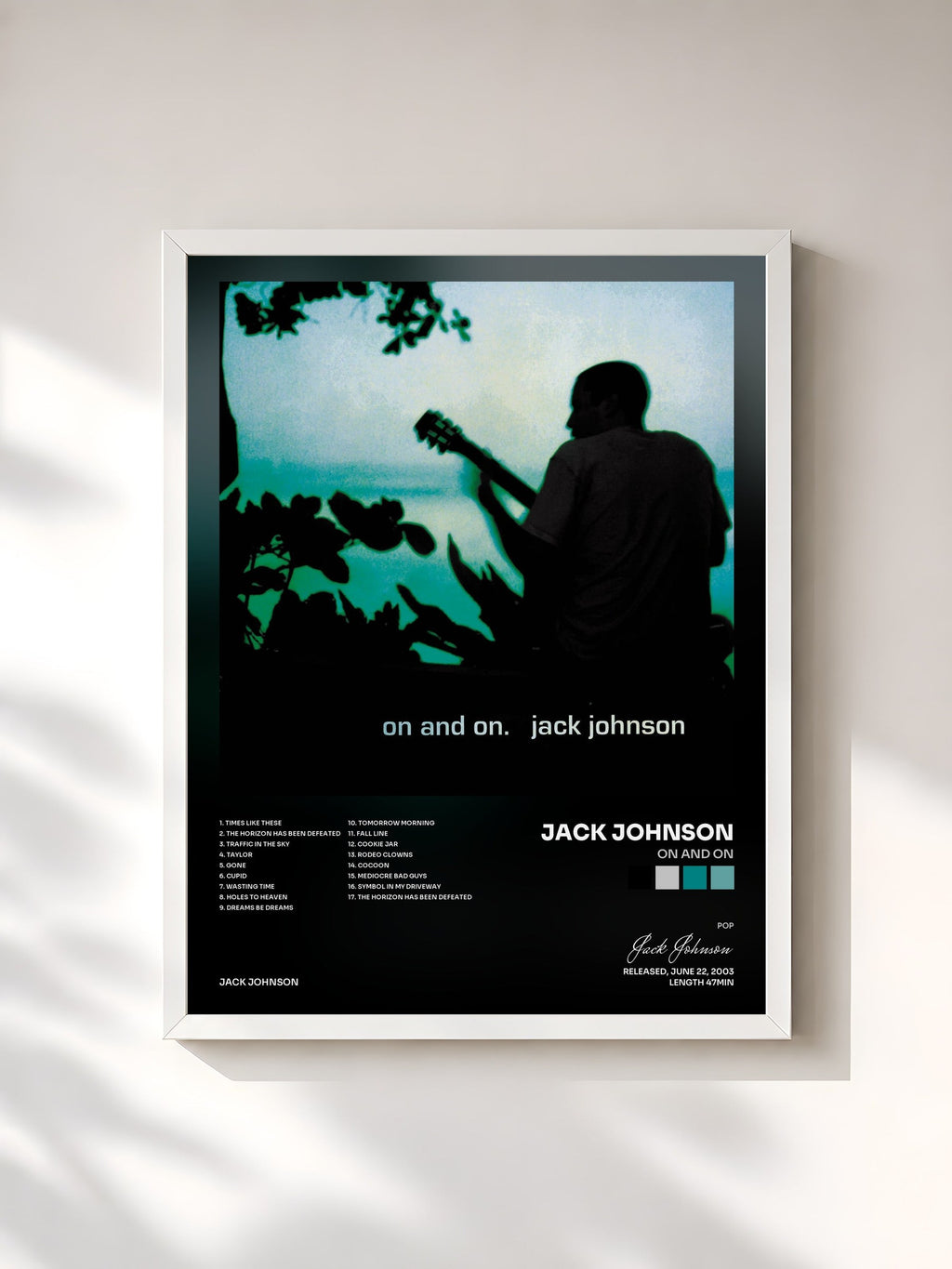 #blanc On and On by Jack Johnson as a framed art print, white frame, printed and framed in France