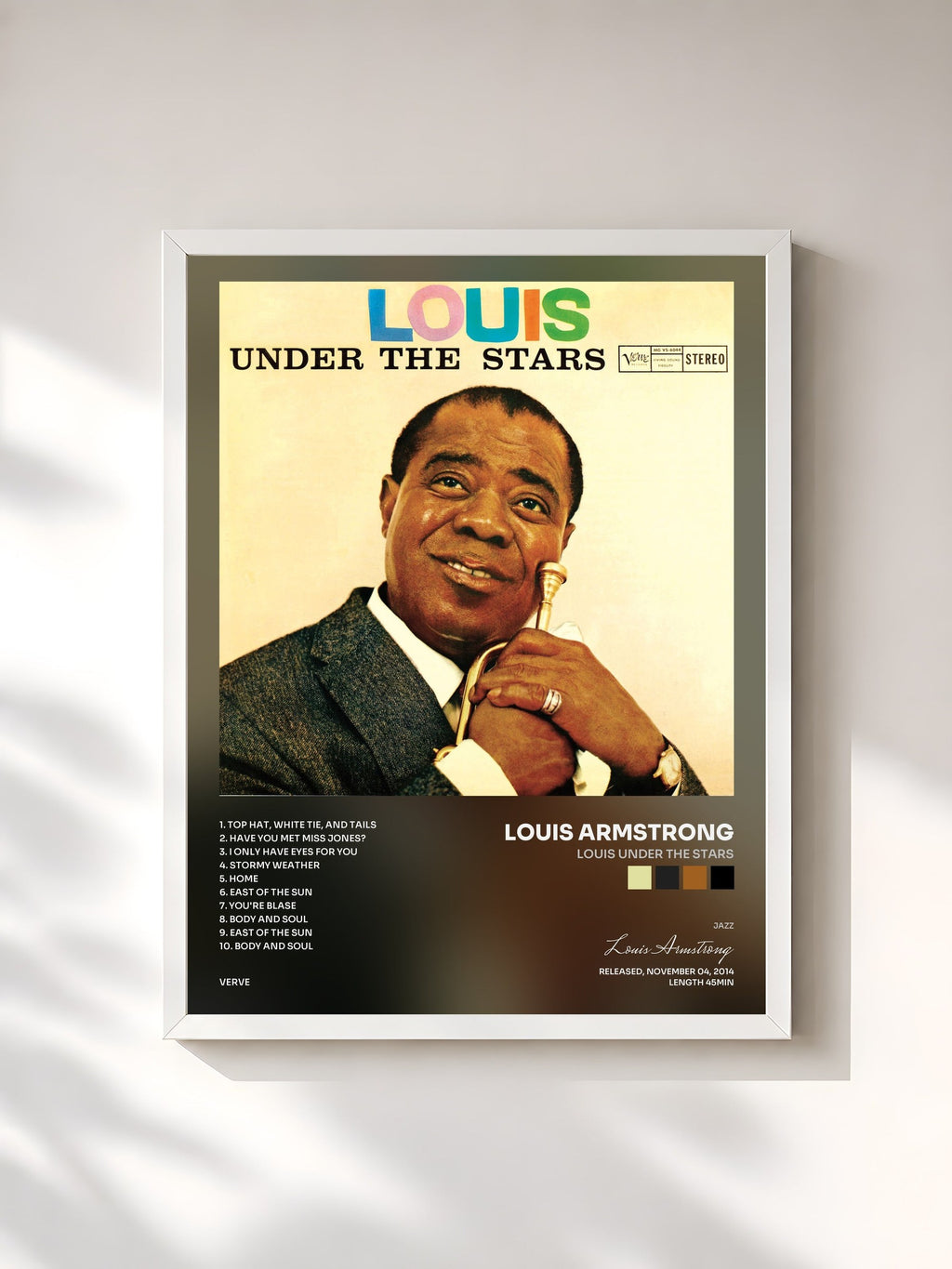 #blanc Tableau de l'album Louis Under The Stars de Louis Armstrong, cadre blanc, imprimé et encadré en France
