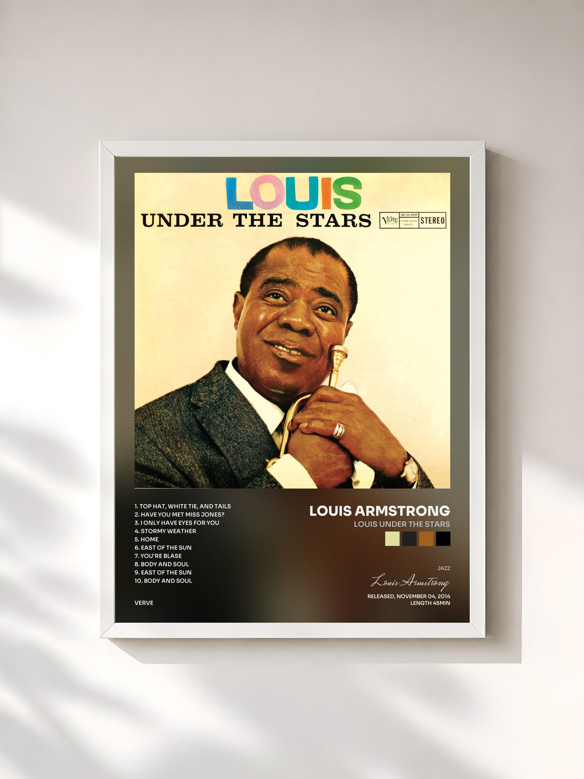 #blanc Tableau de l'album Louis Under The Stars de Louis Armstrong, cadre blanc, imprimé et encadré en France