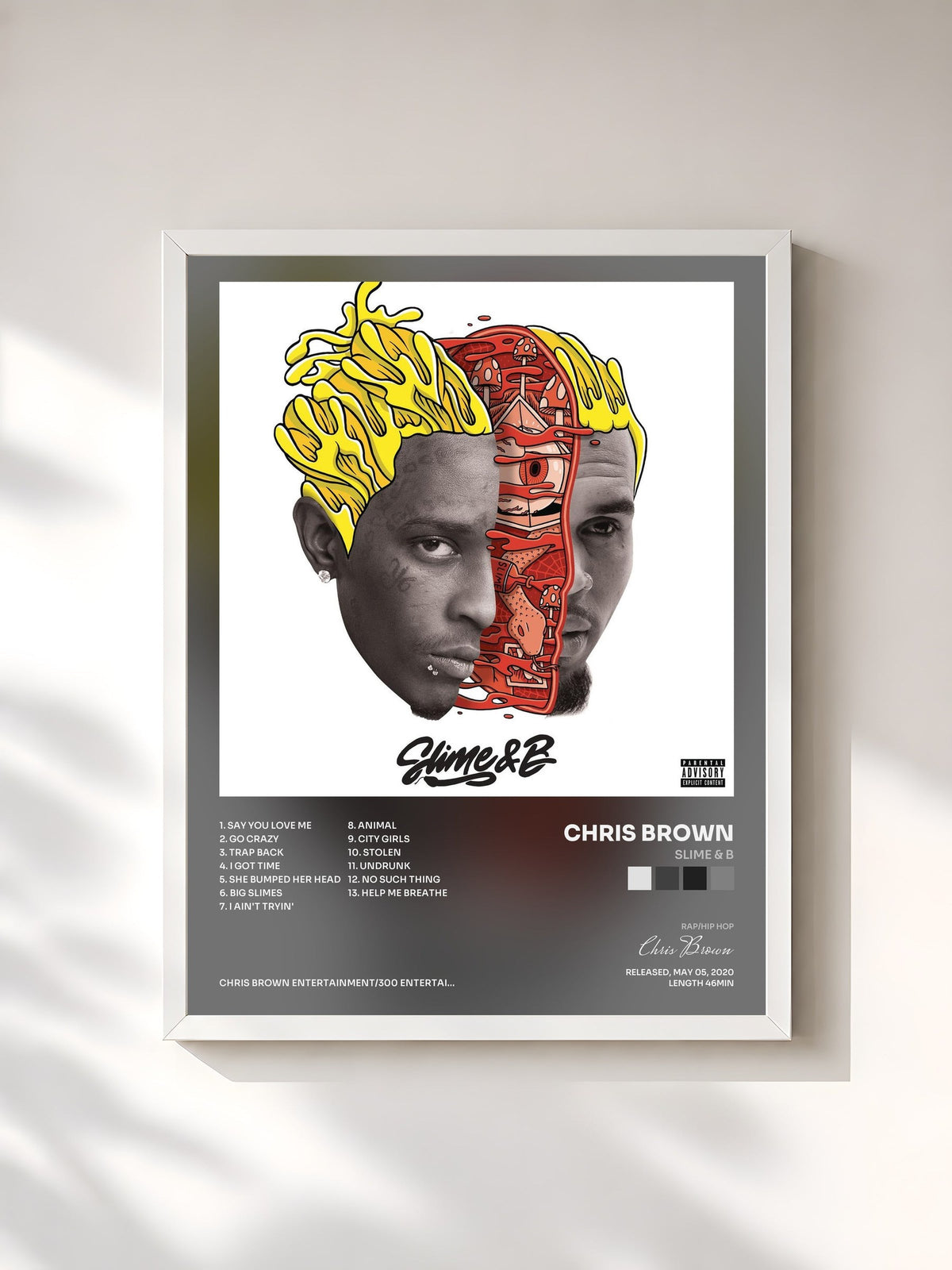 #blanc Tableau de l'album Slime & B de Chris Brown, cadre blanc, imprimé et encadré en France