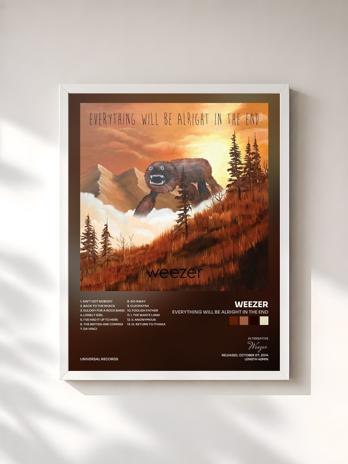 #blanc Tableau de l'album Everything Will Be Alright In The End de Weezer, cadre blanc, imprimé et encadré en France