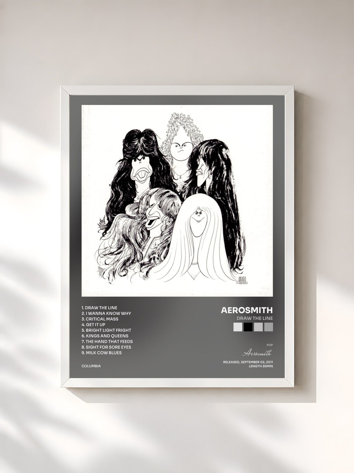 #blanc Tableau de l'album Draw The Line de Aerosmith, cadre blanc, imprimé et encadré en France