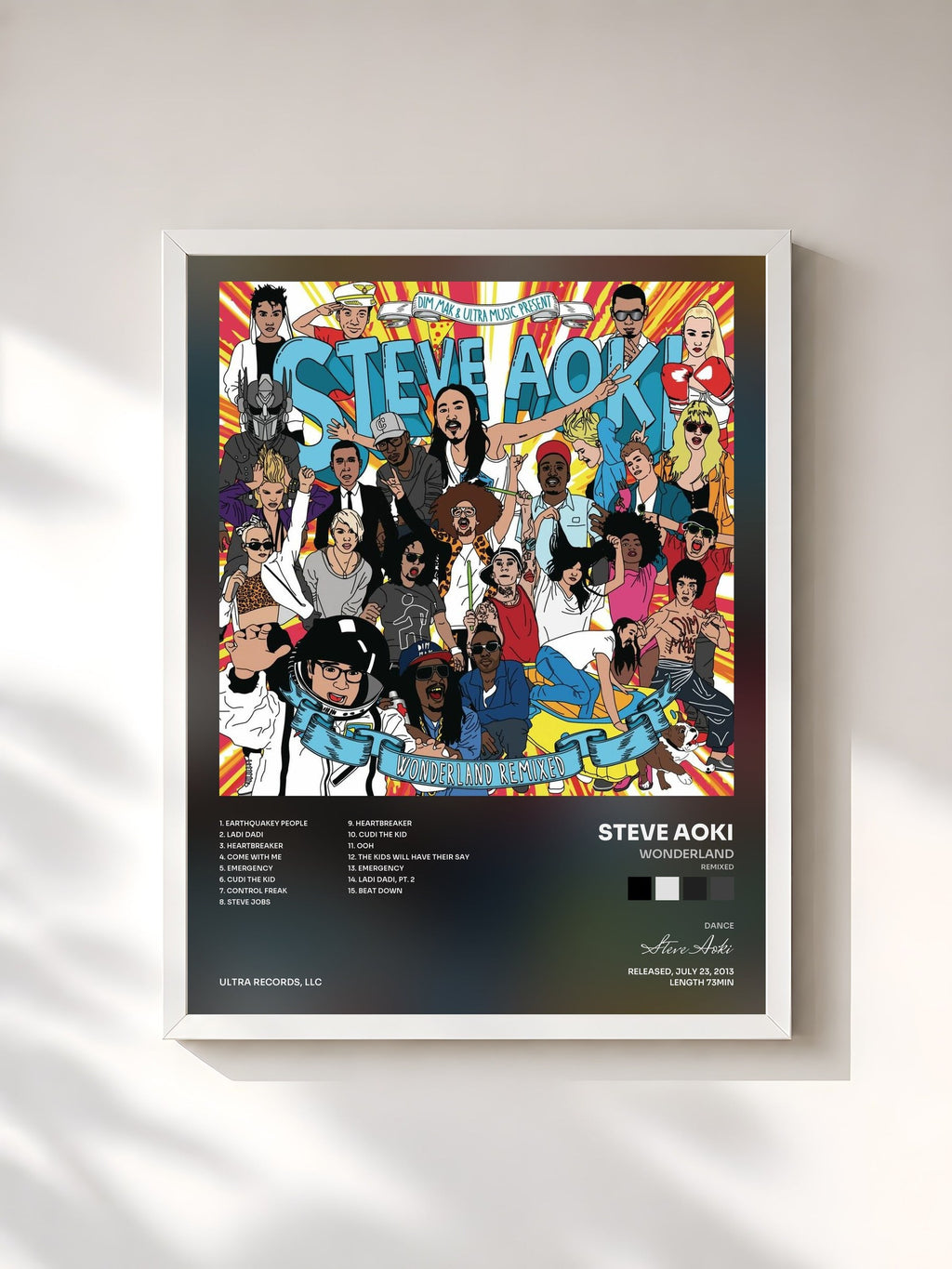 #blanc Tableau de l'album Wonderland (Remixed) de Steve Aoki, cadre blanc, imprimé et encadré en France