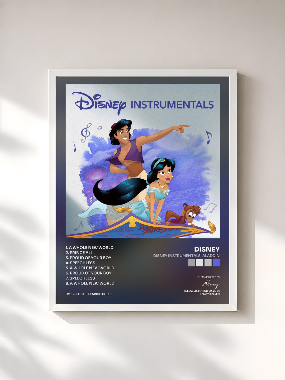 #blanc Tableau de l'album Disney Instrumentals: Aladdin de Disney, cadre blanc, imprimé et encadré en France