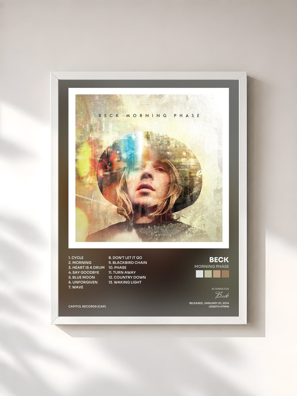 #blanc Tableau de l'album Morning Phase de Beck, cadre blanc, imprimé et encadré en France