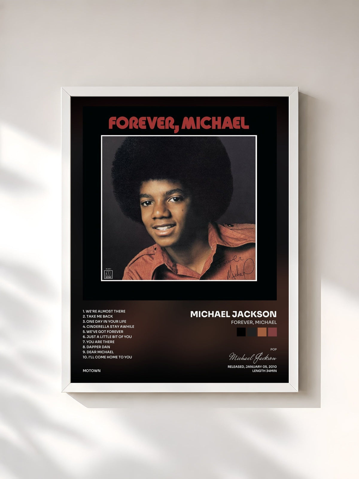 #blanc Tableau de l'album Forever, Michael de Michael Jackson, cadre blanc, imprimé et encadré en France