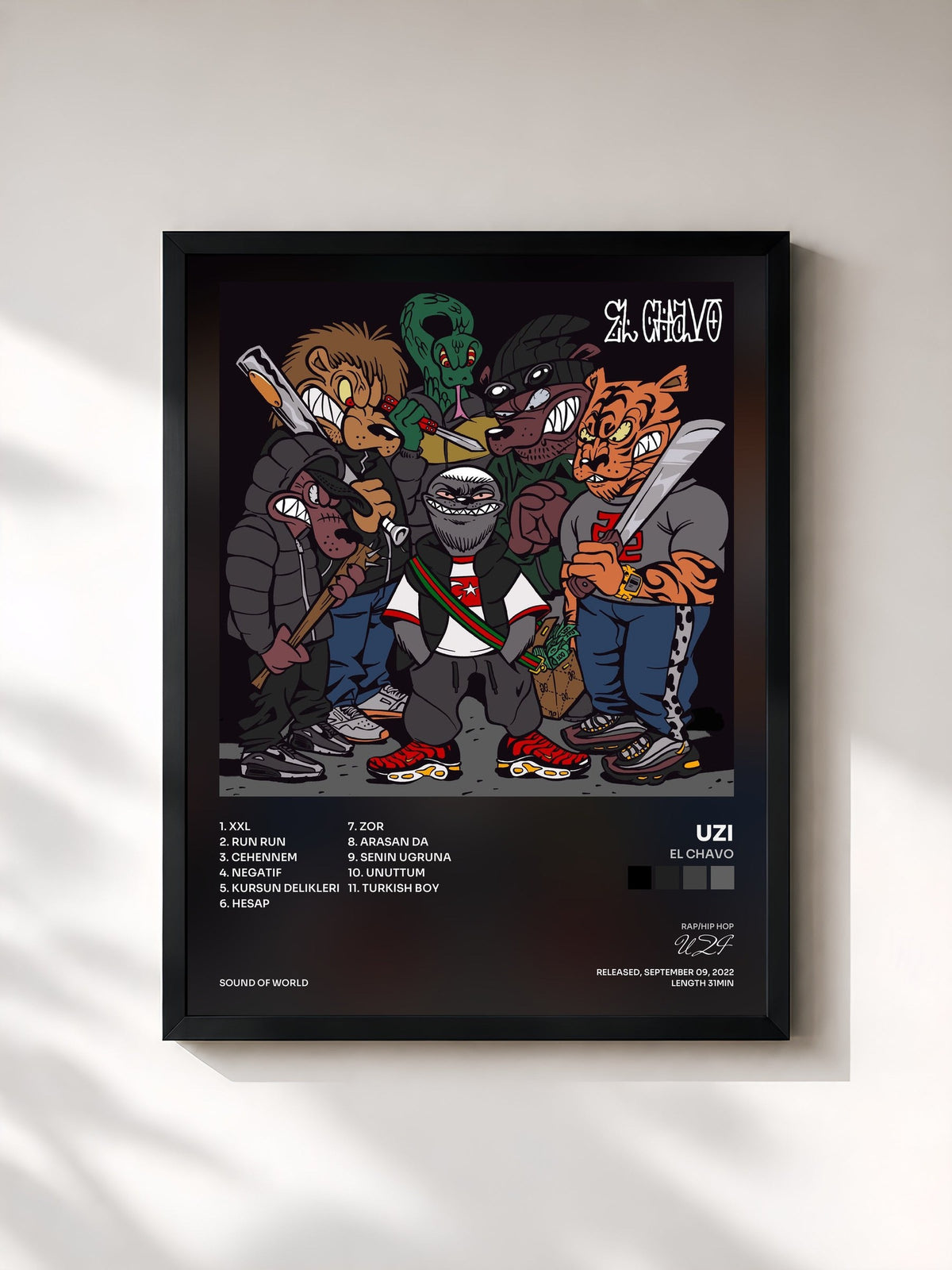 #noir Tableau de l'album EL CHAVO de UZI, cadre noir, imprimé et encadré en France