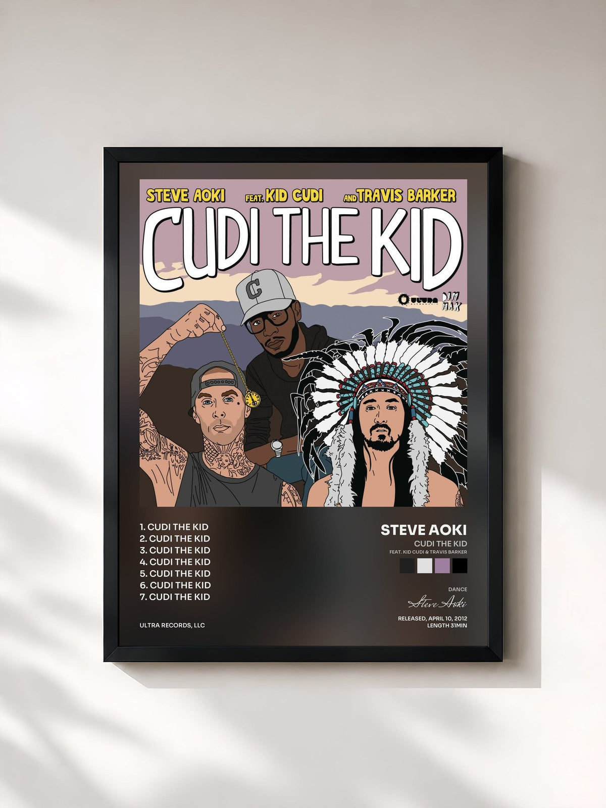 #noir Tableau de l'album Cudi The Kid (feat. Kid Cudi & Travis Barker) de Steve Aoki, cadre noir, imprimé et encadré en France