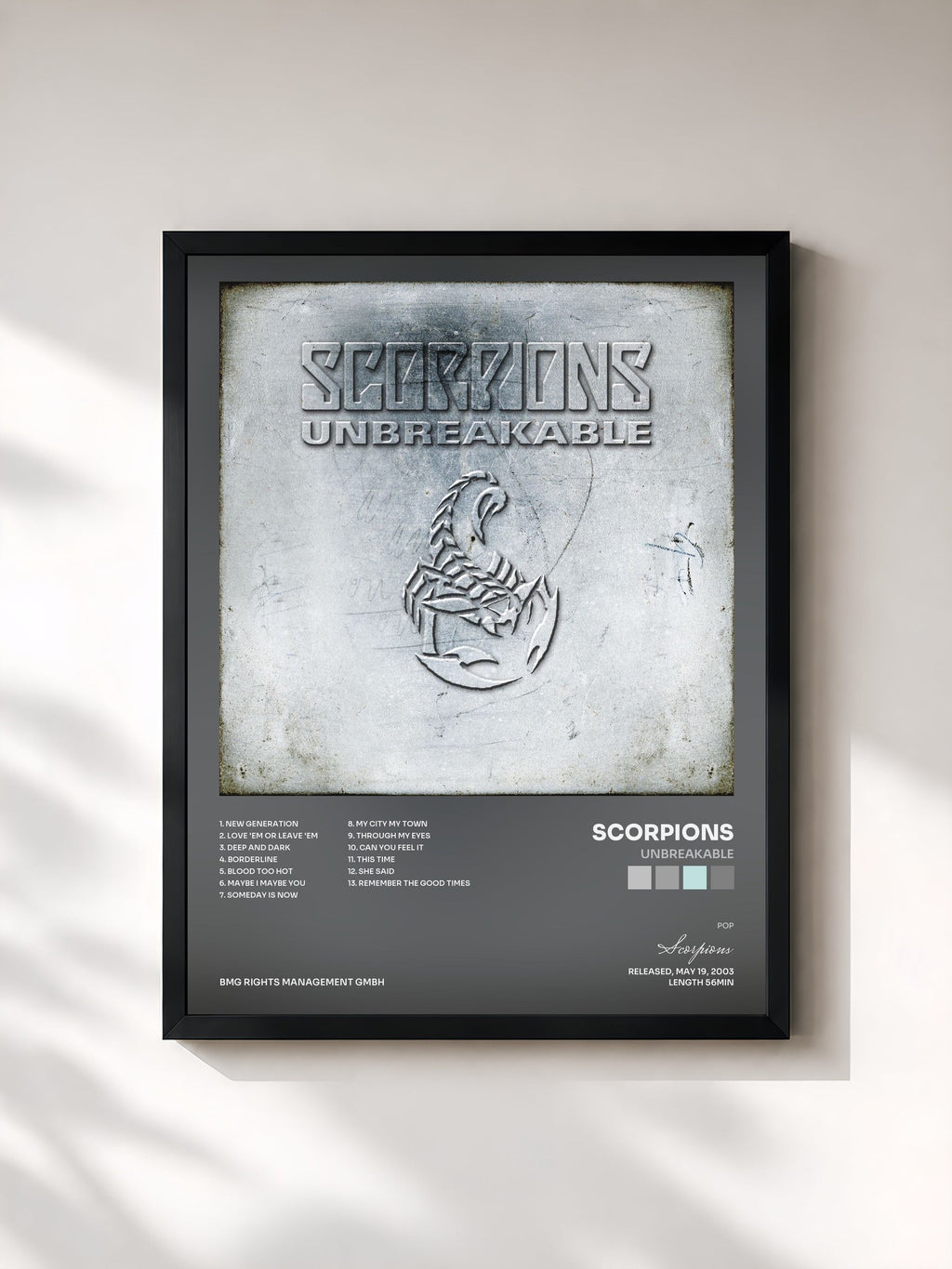 #noir Tableau de l'album Unbreakable de Scorpions, cadre noir, imprimé et encadré en France