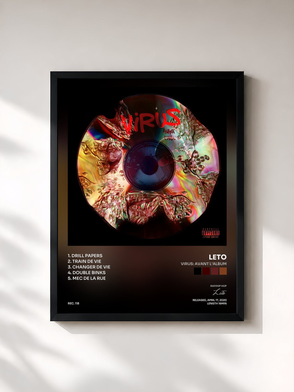 #noir Tableau de l'album Virus: avant l'album de Leto, cadre noir, imprimé et encadré en France