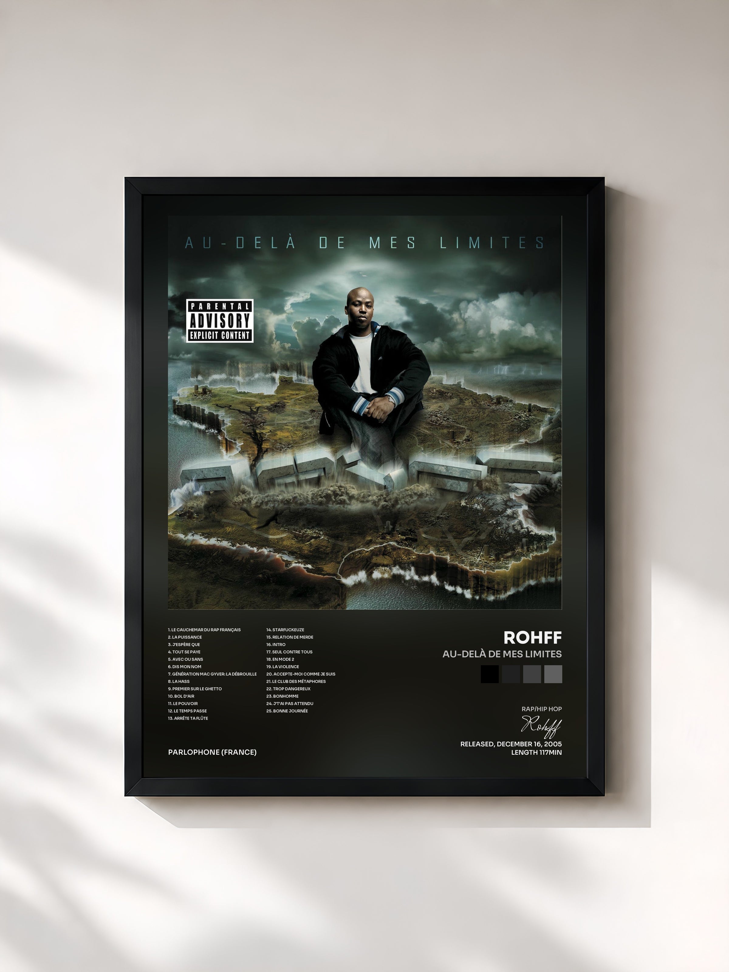 #noir Tableau de l'album Au-Delà De Mes Limites de Rohff, cadre noir, imprimé et encadré en France