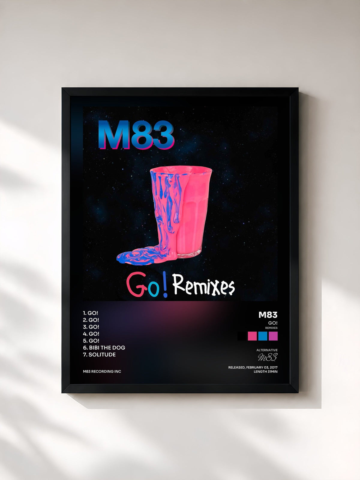 #noir Tableau de l'album Go! (Remixes) de M83, cadre noir, imprimé et encadré en France