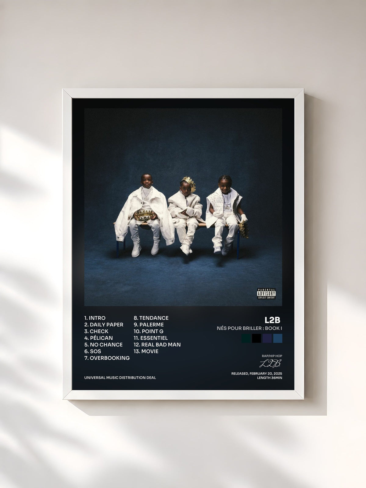 #blanc Tableau de l'album Nés Pour Briller : Book I de L2B, cadre blanc, imprimé et encadré en France