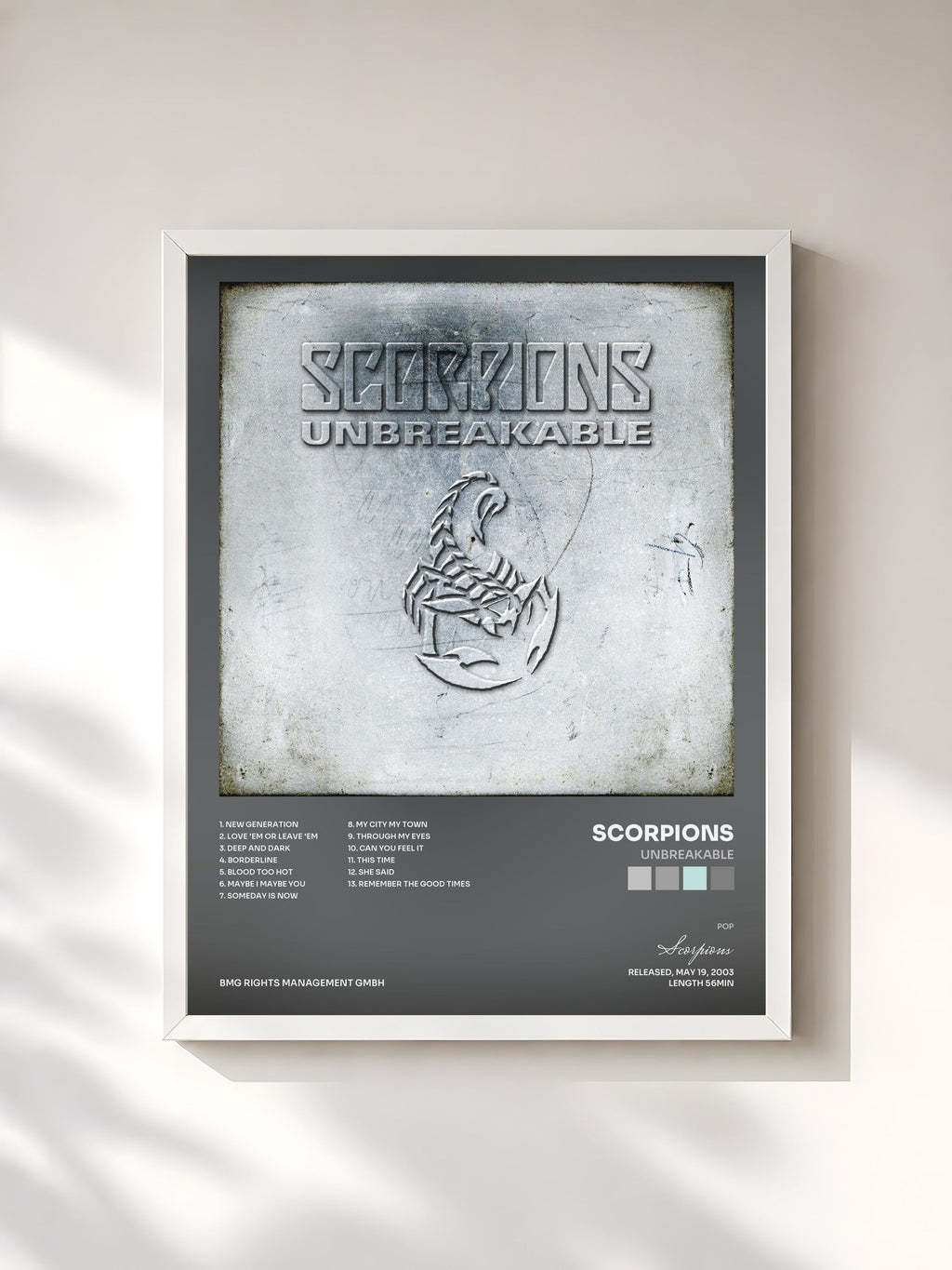 #blanc Tableau de l'album Unbreakable de Scorpions, cadre blanc, imprimé et encadré en France