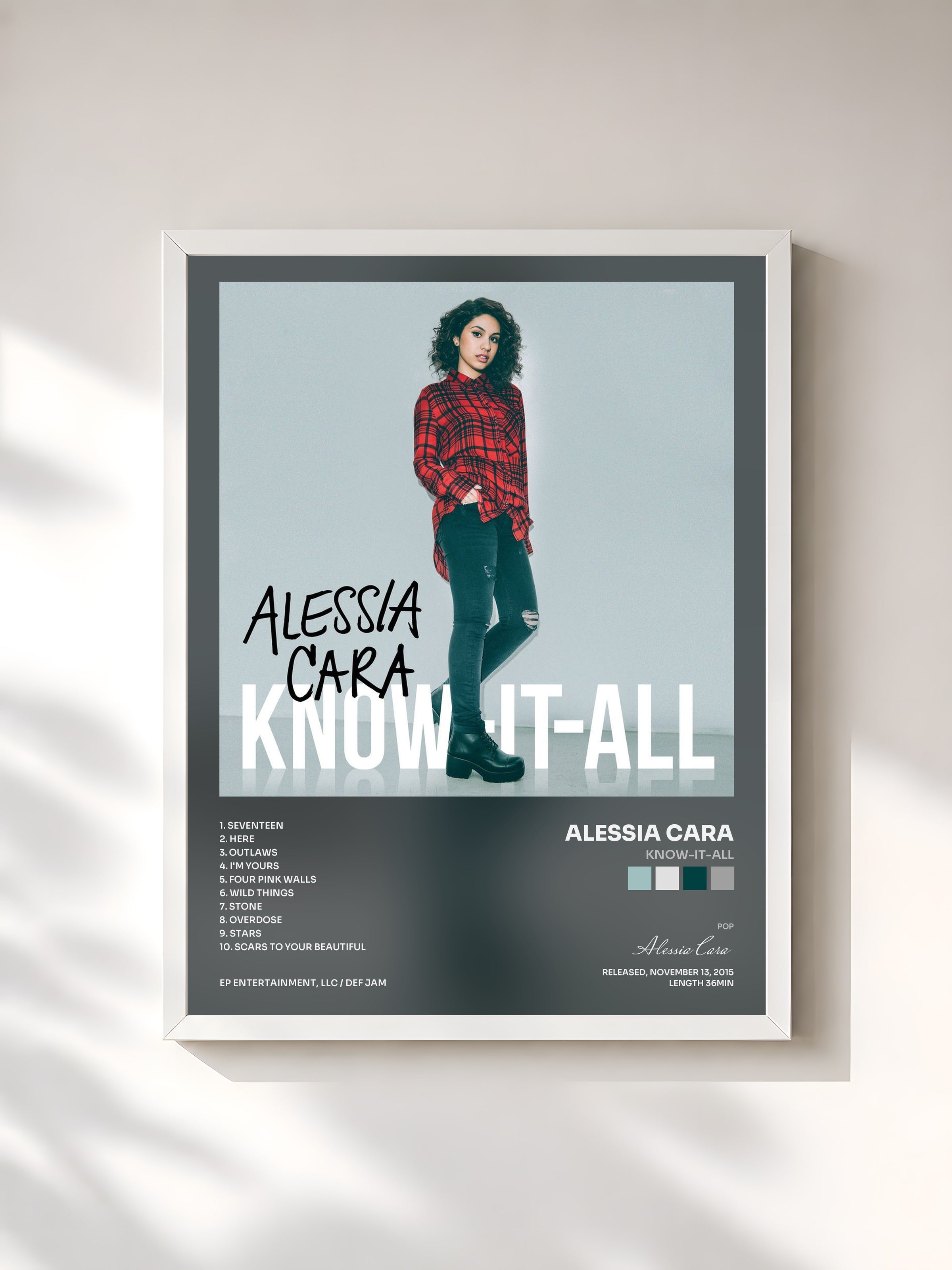 #blanc Know-It-All de Alessia Cara en lámina enmarcada, marco blanco, impresa y enmarcada en Francia