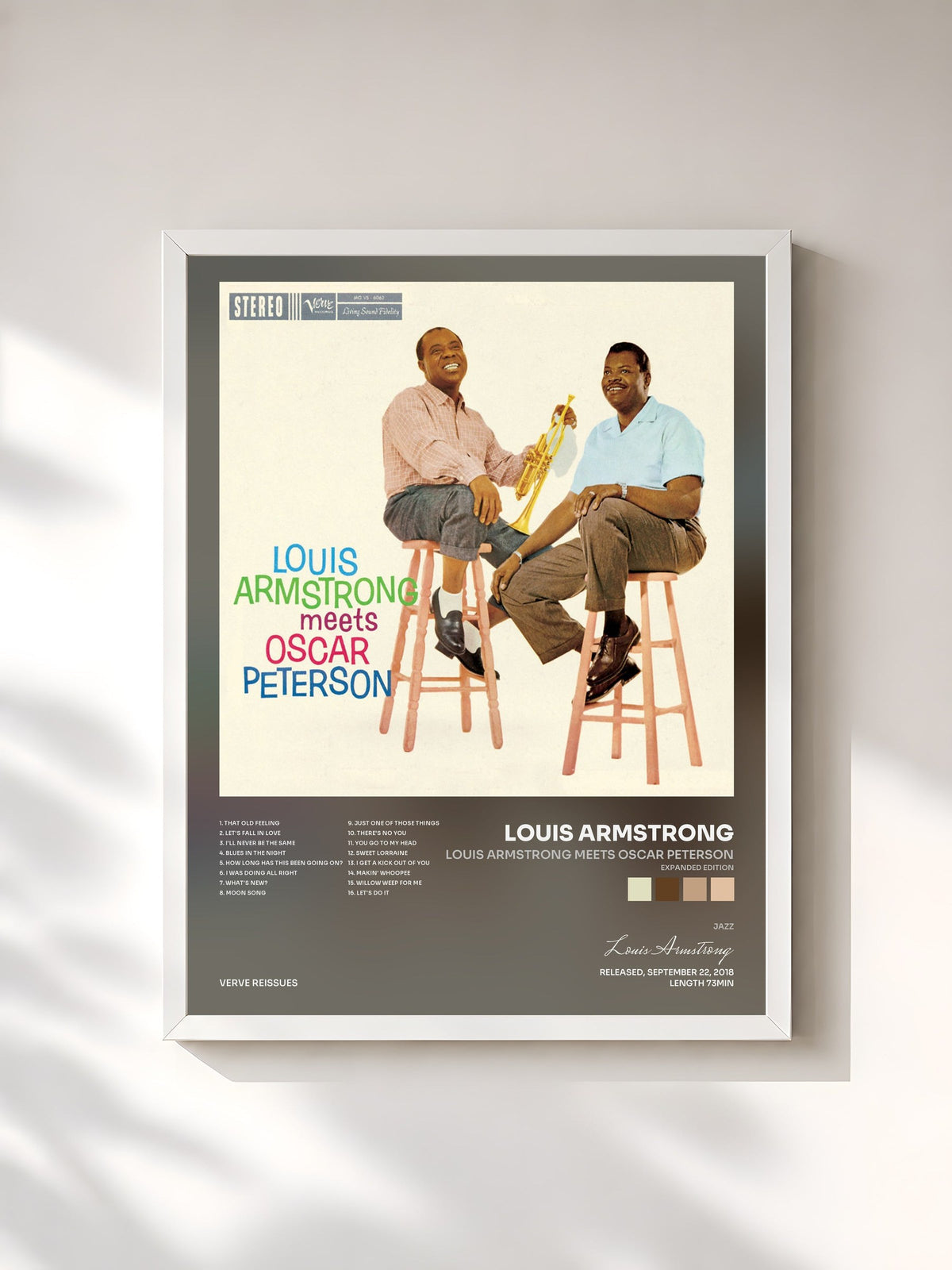 #blanc Tableau de l'album Louis Armstrong Meets Oscar Peterson (Expanded Edition) de Louis Armstrong, cadre blanc, imprimé et encadré en France