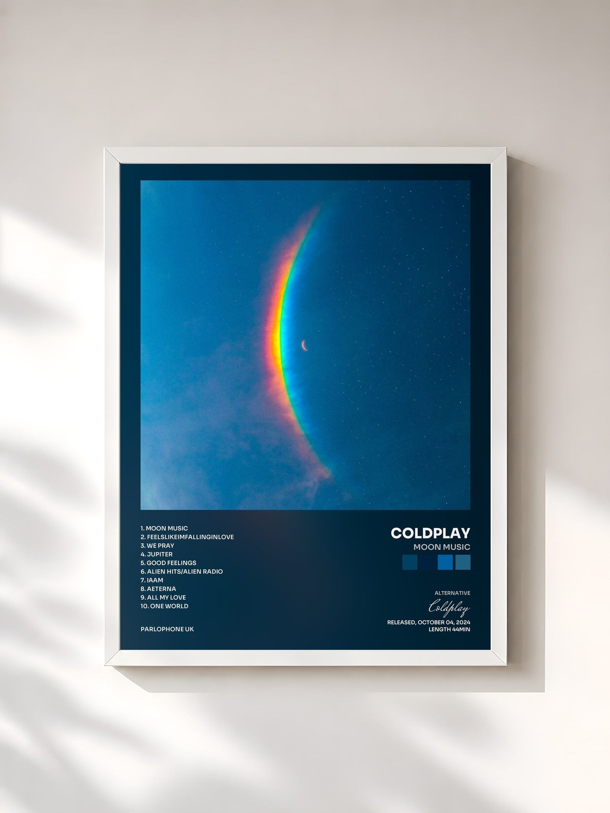 #blanc Tableau de l'album Moon Music de Coldplay, cadre blanc, imprimé et encadré en France
