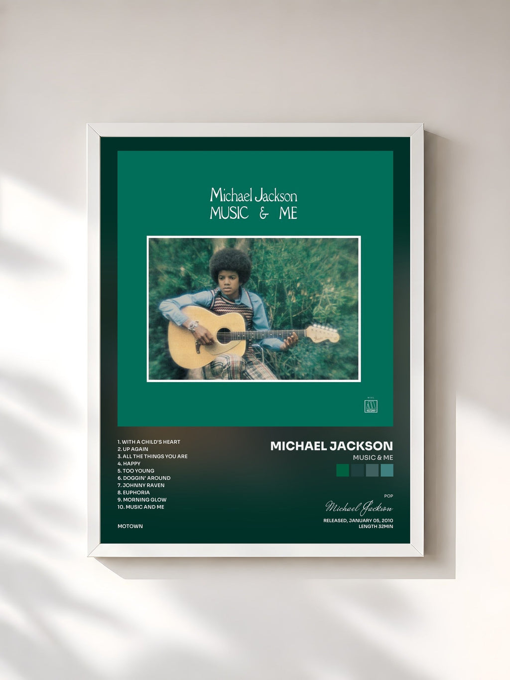 #blanc Tableau de l'album Music & Me de Michael Jackson, cadre blanc, imprimé et encadré en France