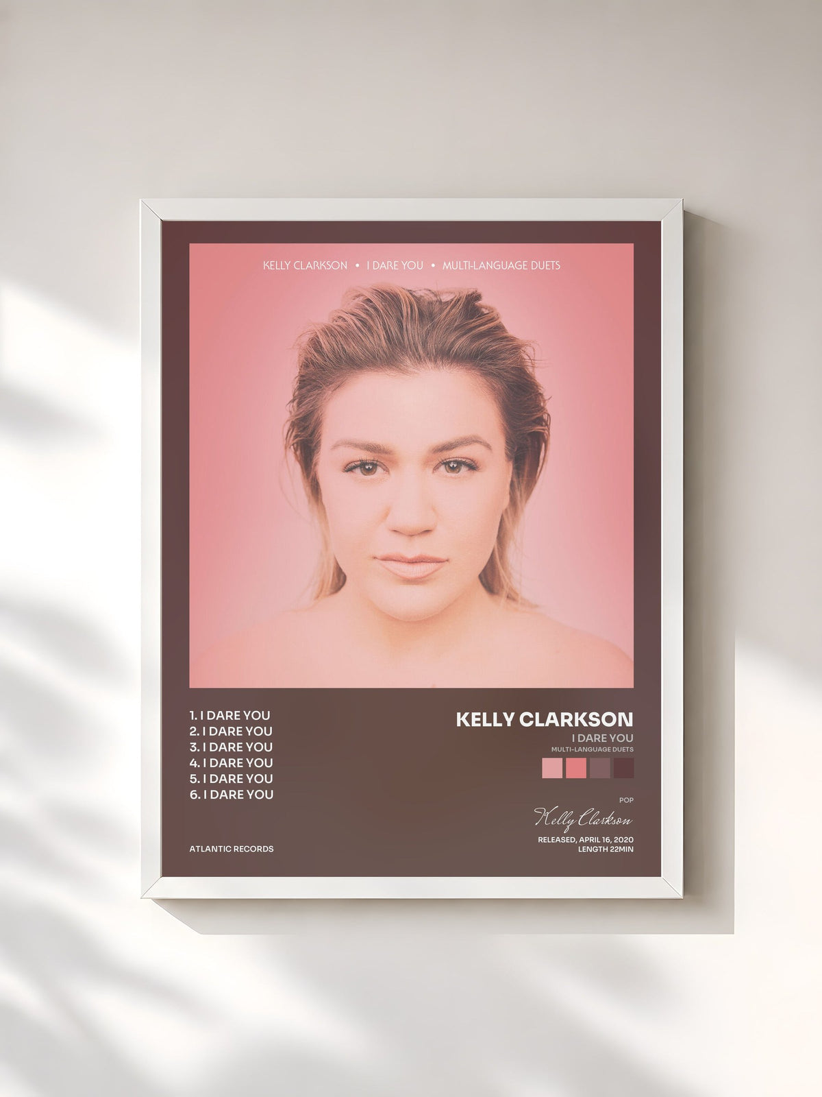 #blanc Tableau de l'album I Dare You (Multi-Language Duets) de Kelly Clarkson, cadre blanc, imprimé et encadré en France