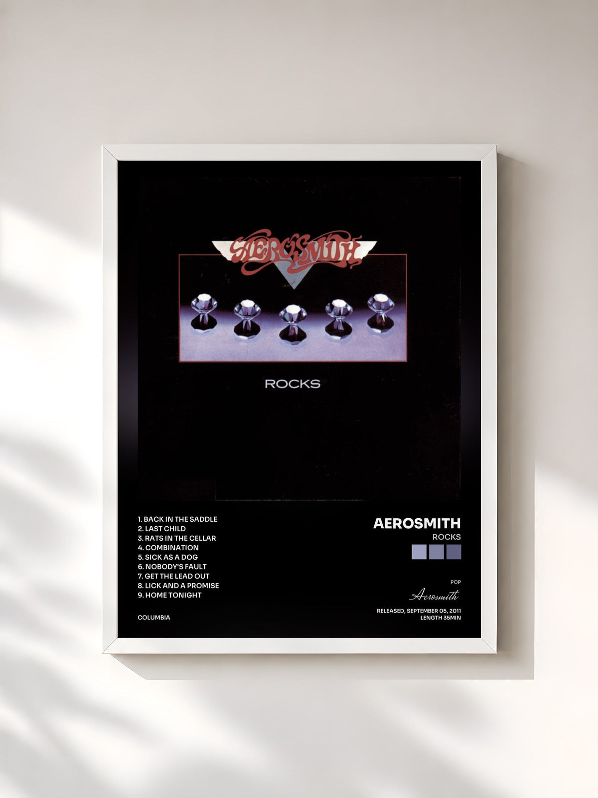 #blanc Tableau de l'album Rocks de Aerosmith, cadre blanc, imprimé et encadré en France