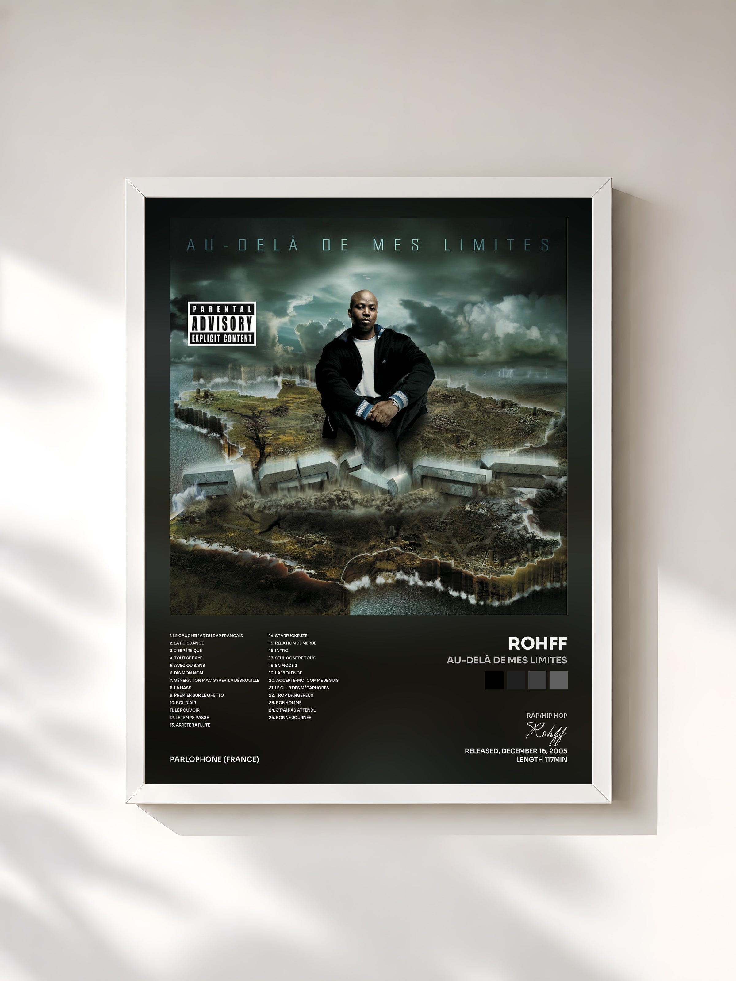 #blanc Tableau de l'album Au-Delà De Mes Limites de Rohff, cadre blanc, imprimé et encadré en France