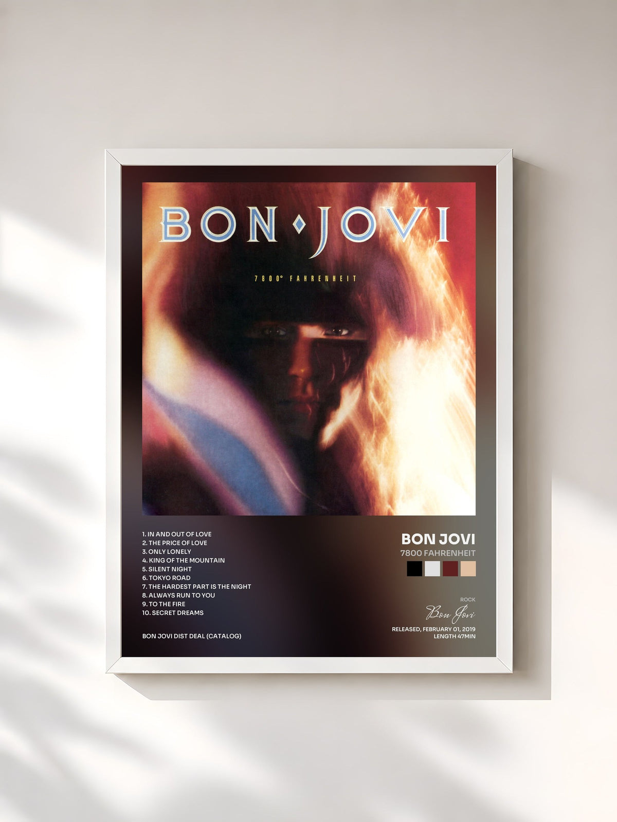 #blanc 7800 Fahrenheit by Bon Jovi as a framed art print, white frame, printed and framed in France