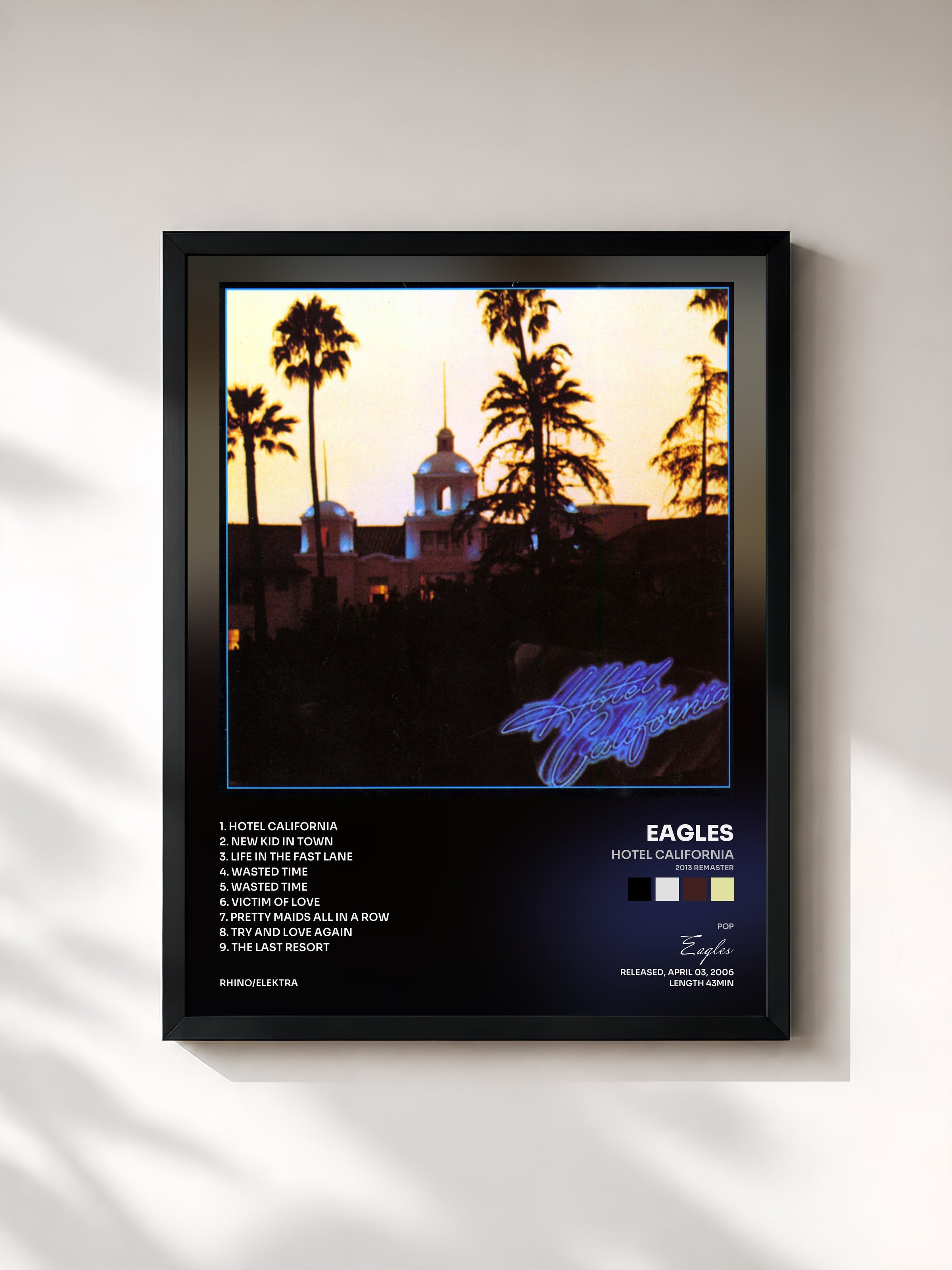#noir Hotel California (2013 Remaster) by Eagles as a framed art print, black frame, printed and framed in France