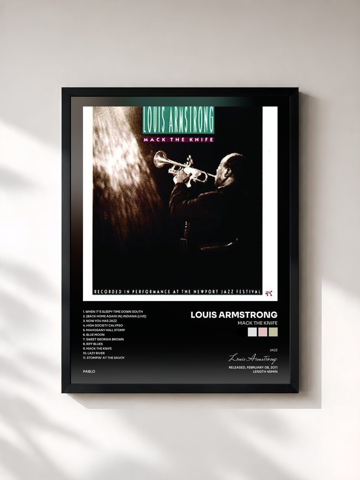 #noir Tableau de l'album Mack The Knife de Louis Armstrong, cadre noir, imprimé et encadré en France