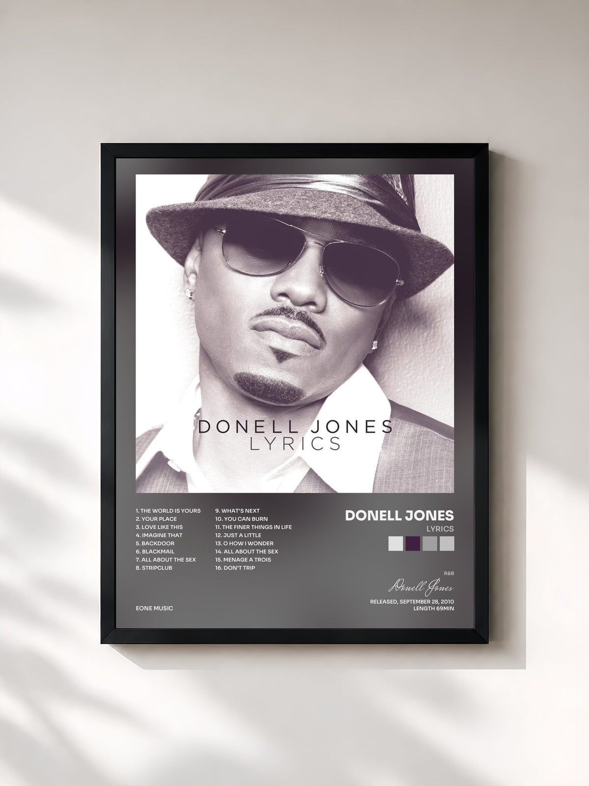 #noir Tableau de l'album Lyrics de Donell Jones, cadre noir, imprimé et encadré en France