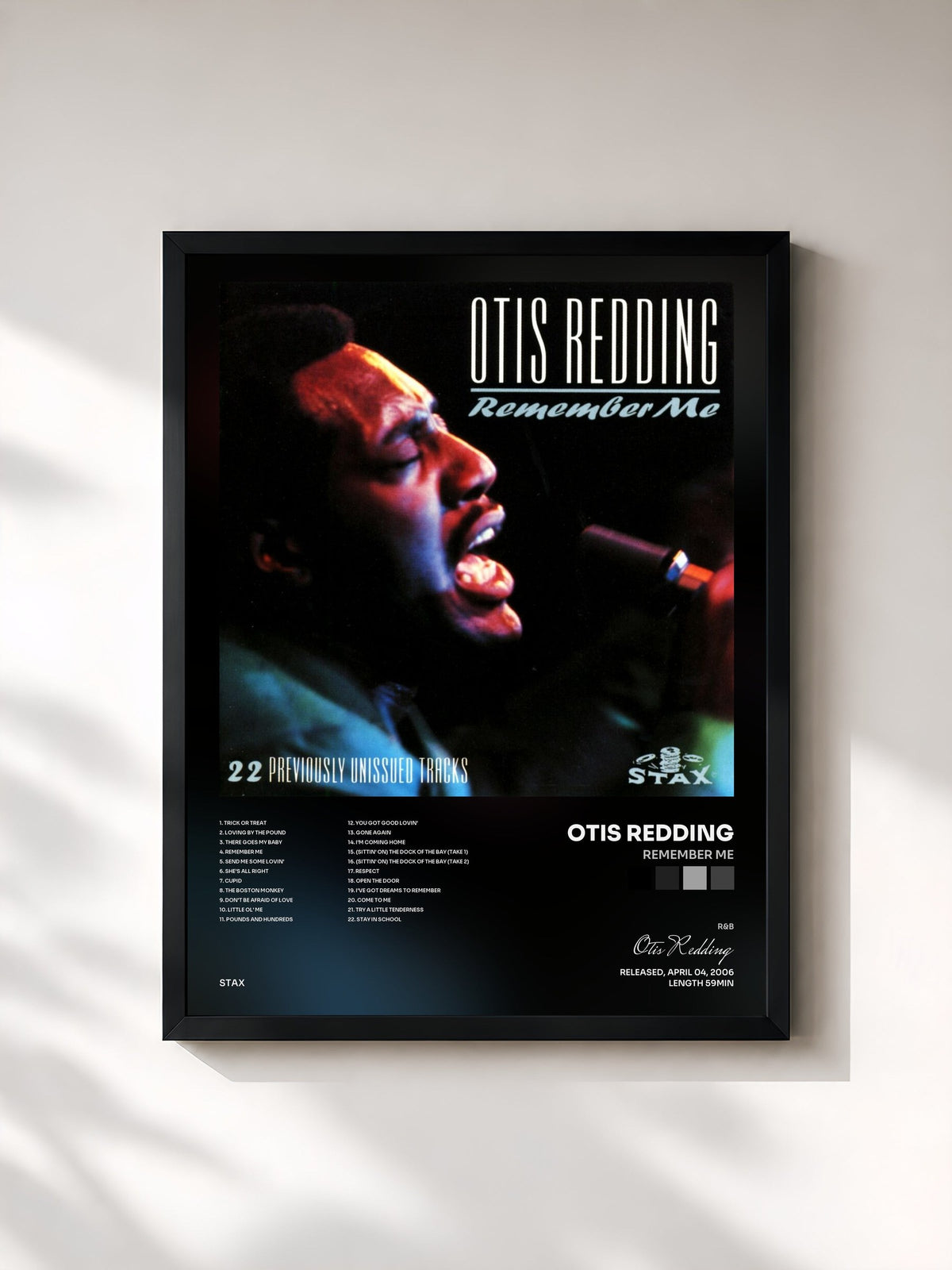 #noir Tableau de l'album Remember Me de Otis Redding, cadre noir, imprimé et encadré en France