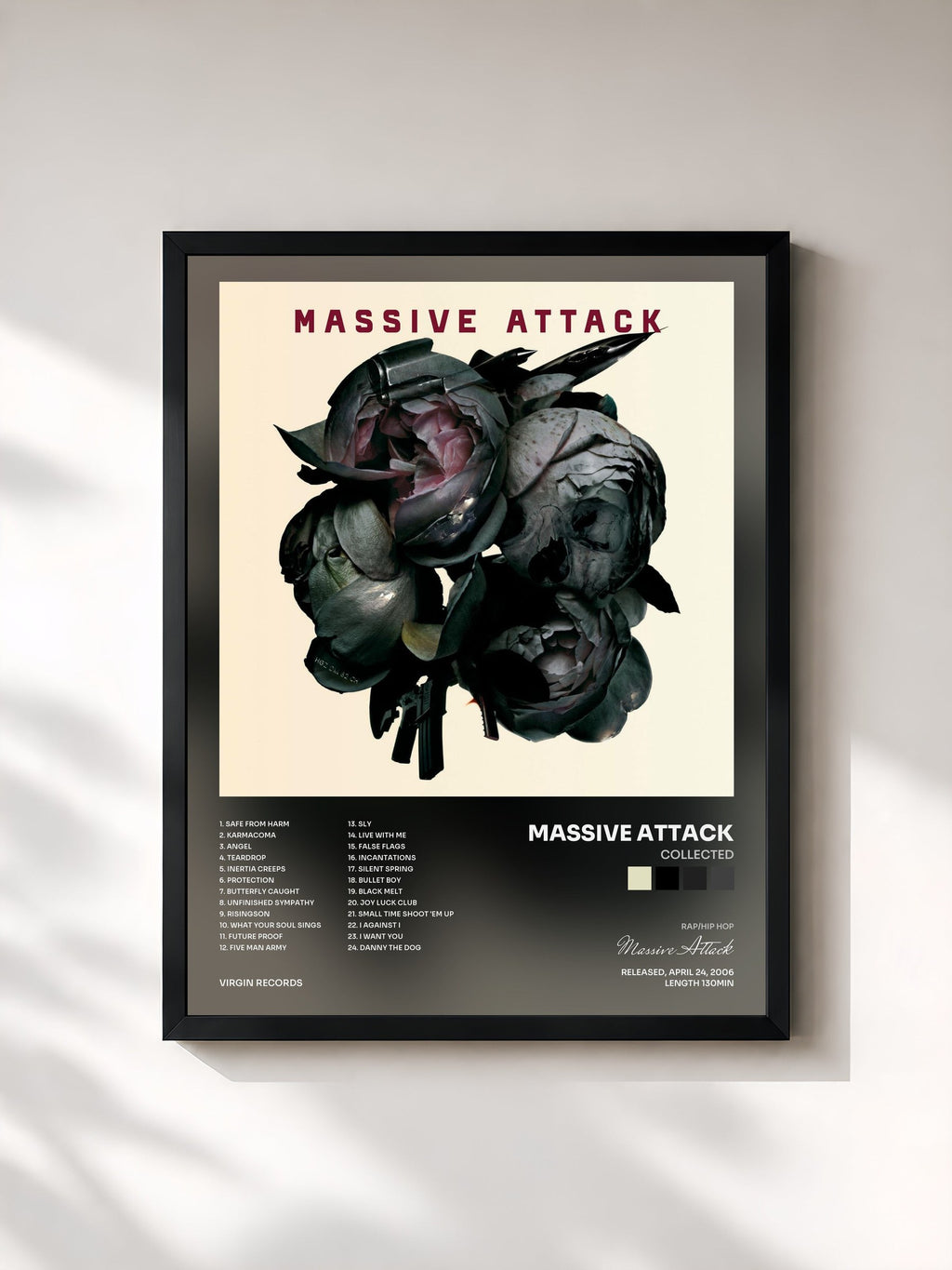 #noir Tableau de l'album Collected de Massive Attack, cadre noir, imprimé et encadré en France