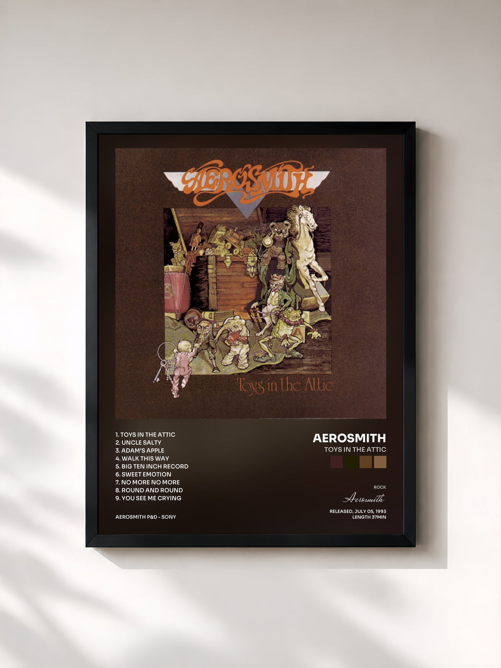 #noir Tableau de l'album Toys In The Attic de Aerosmith, cadre noir, imprimé et encadré en France