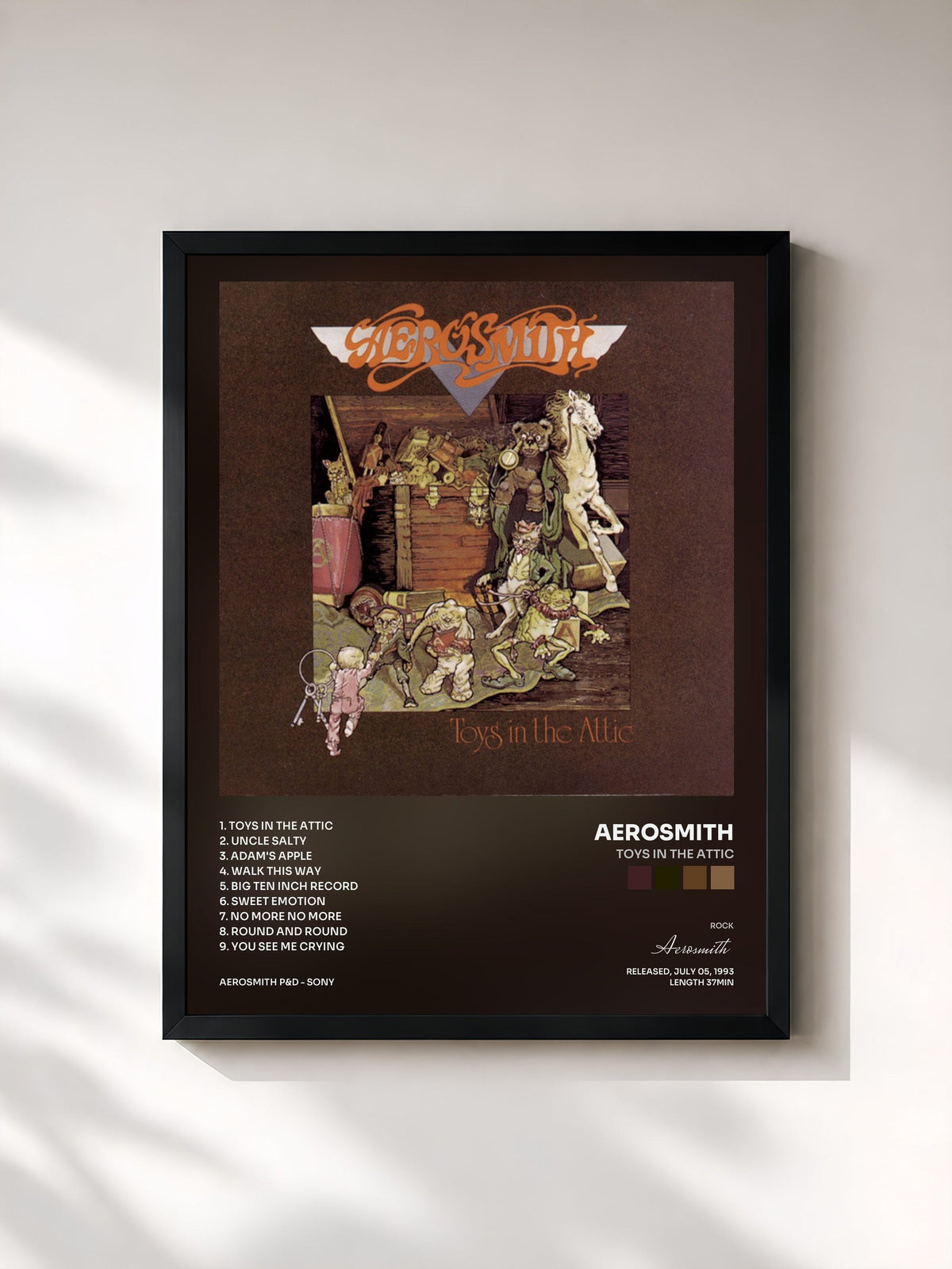#noir Tableau de l'album Toys In The Attic de Aerosmith, cadre noir, imprimé et encadré en France