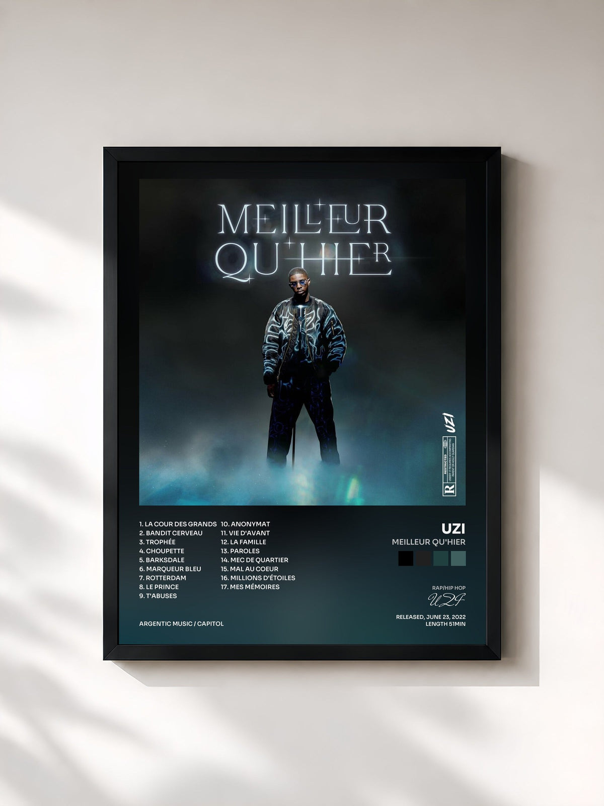 #noir Tableau de l'album Meilleur qu'hier de UZI, cadre noir, imprimé et encadré en France