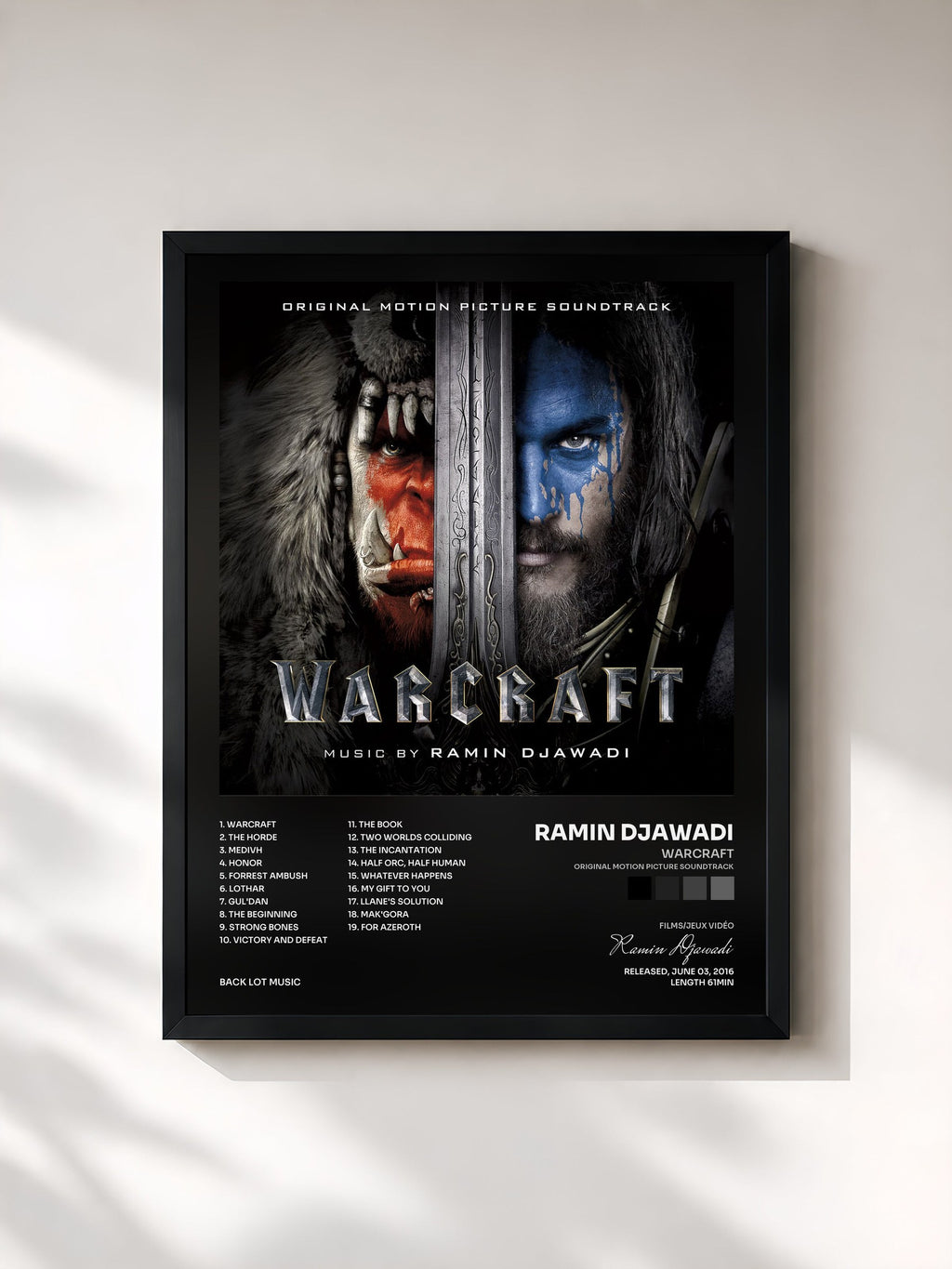 #noir Tableau de l'album Warcraft (Original Motion Picture Soundtrack) de Ramin Djawadi, cadre noir, imprimé et encadré en France