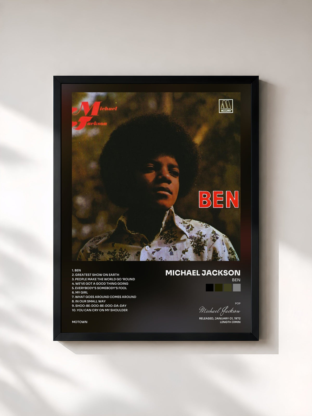 #noir Tableau de l'album Ben de Michael Jackson, cadre noir, imprimé et encadré en France