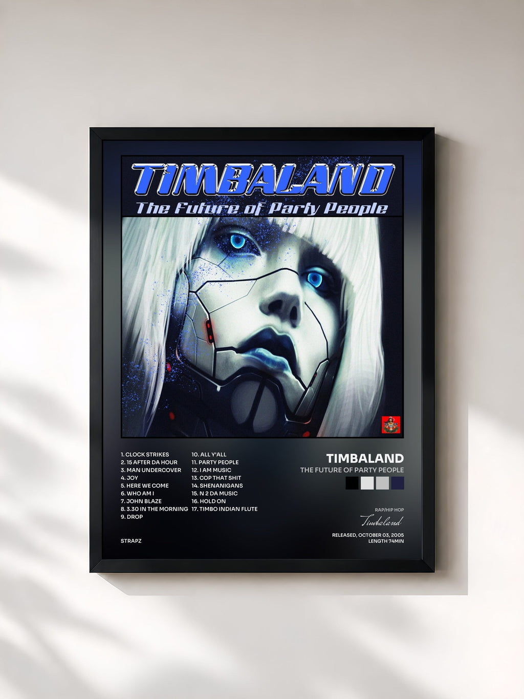#noir Tableau de l'album The Future Of Party People de Timbaland, cadre noir, imprimé et encadré en France