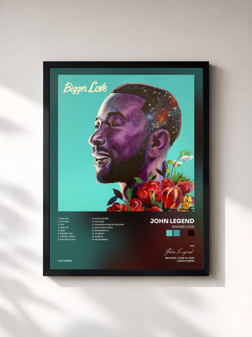 #noir Tableau de l'album Bigger Love de John Legend, cadre noir, imprimé et encadré en France