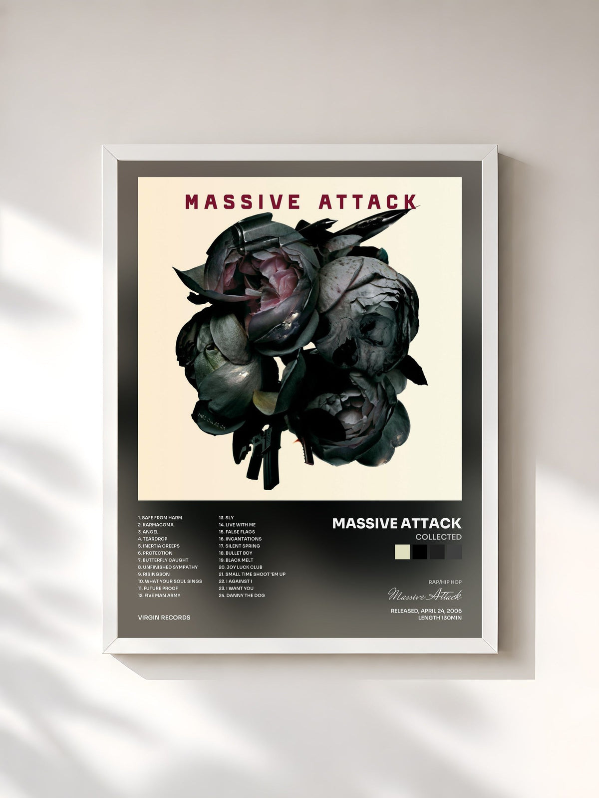 #blanc Tableau de l'album Collected de Massive Attack, cadre blanc, imprimé et encadré en France