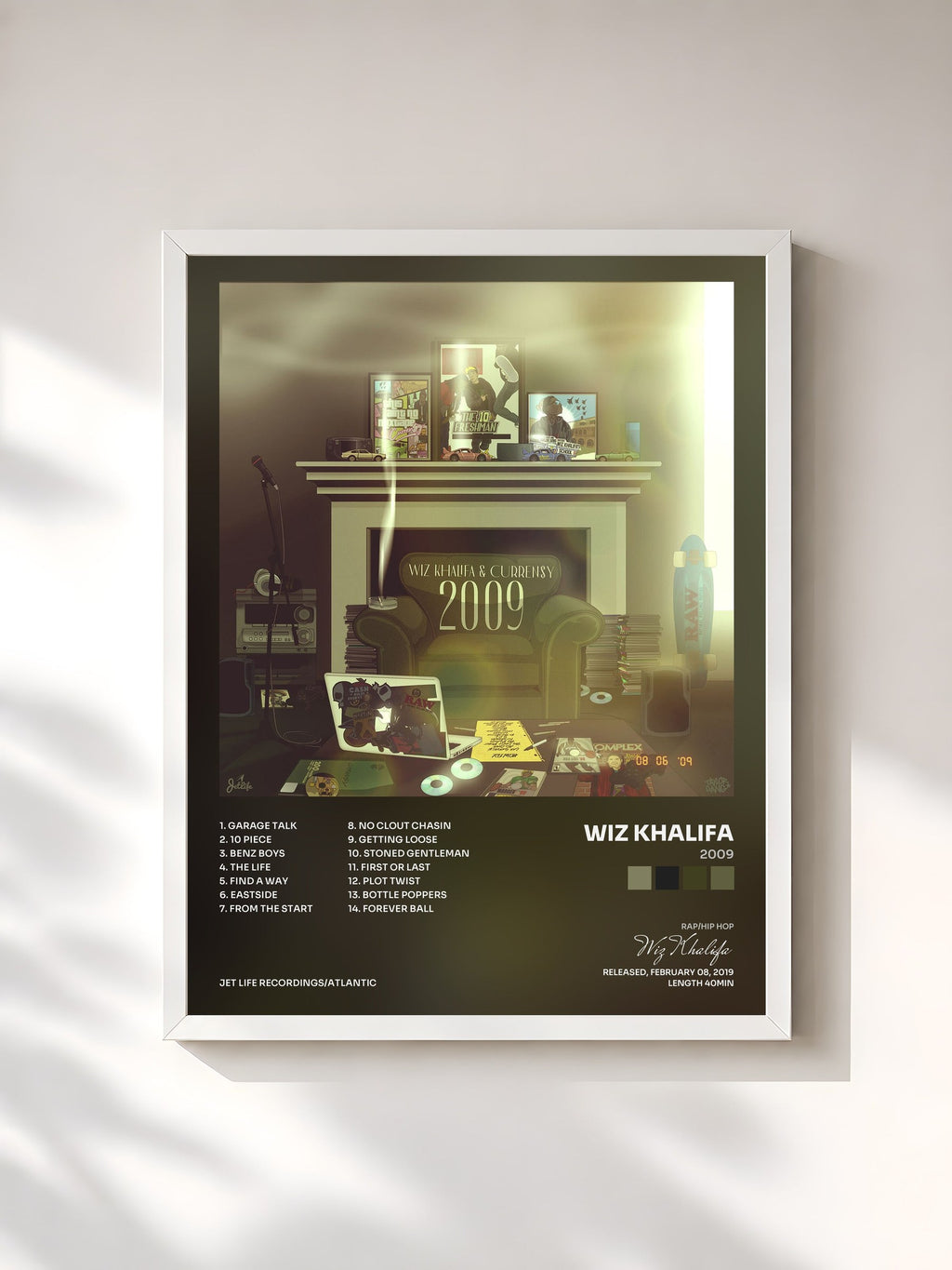 #blanc Tableau de l'album 2009 de Wiz Khalifa, cadre blanc, imprimé et encadré en France