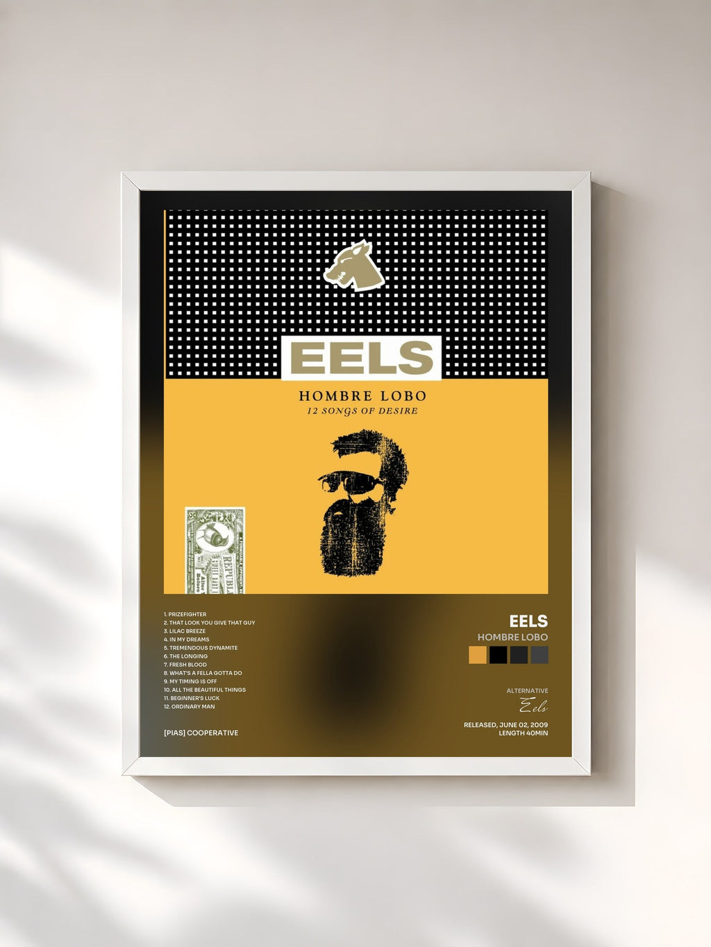 #blanc Tableau de l'album Hombre Lobo de Eels, cadre blanc, imprimé et encadré en France