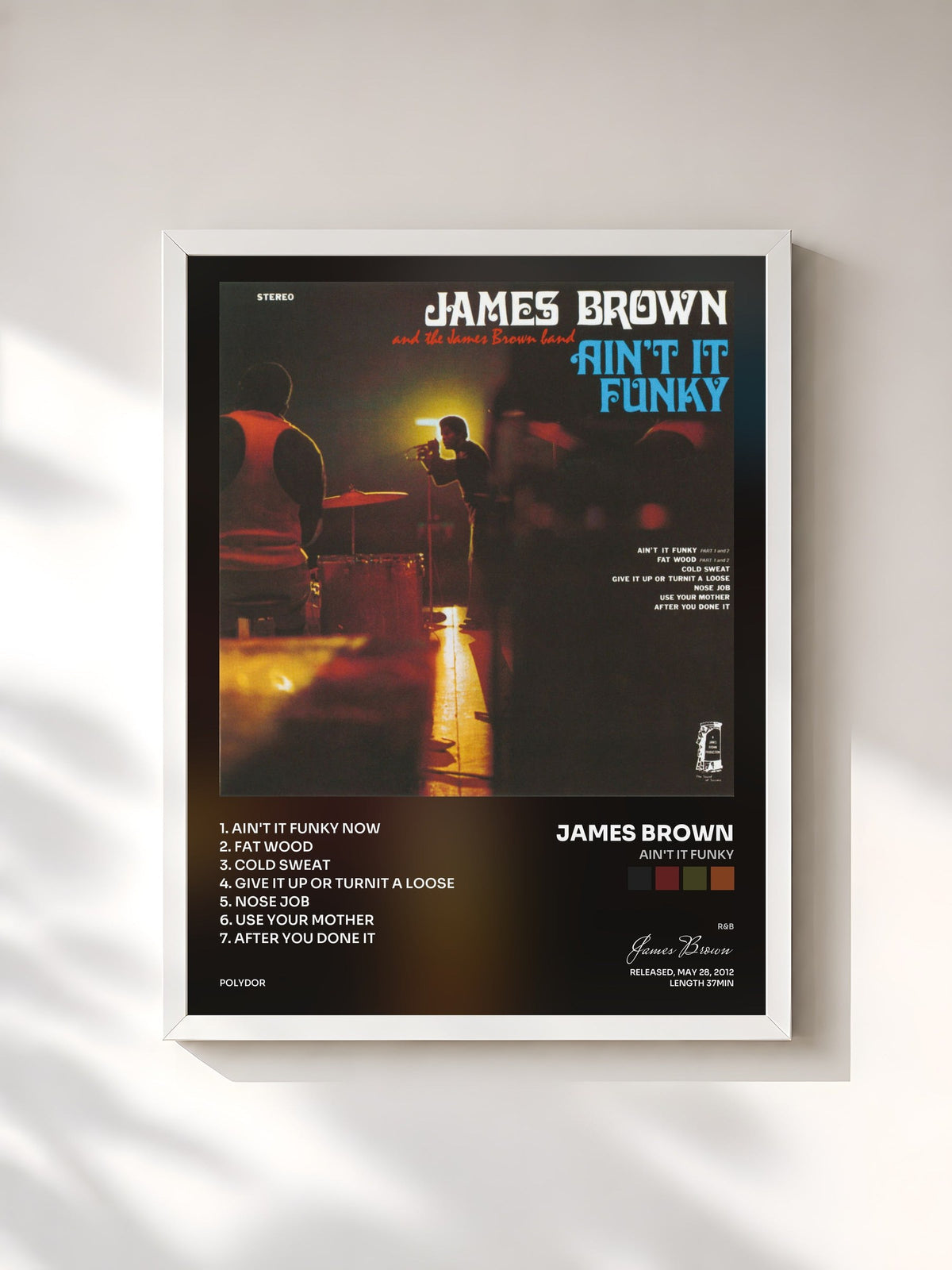 #blanc Tableau de l'album Ain't It Funky de James Brown, cadre blanc, imprimé et encadré en France